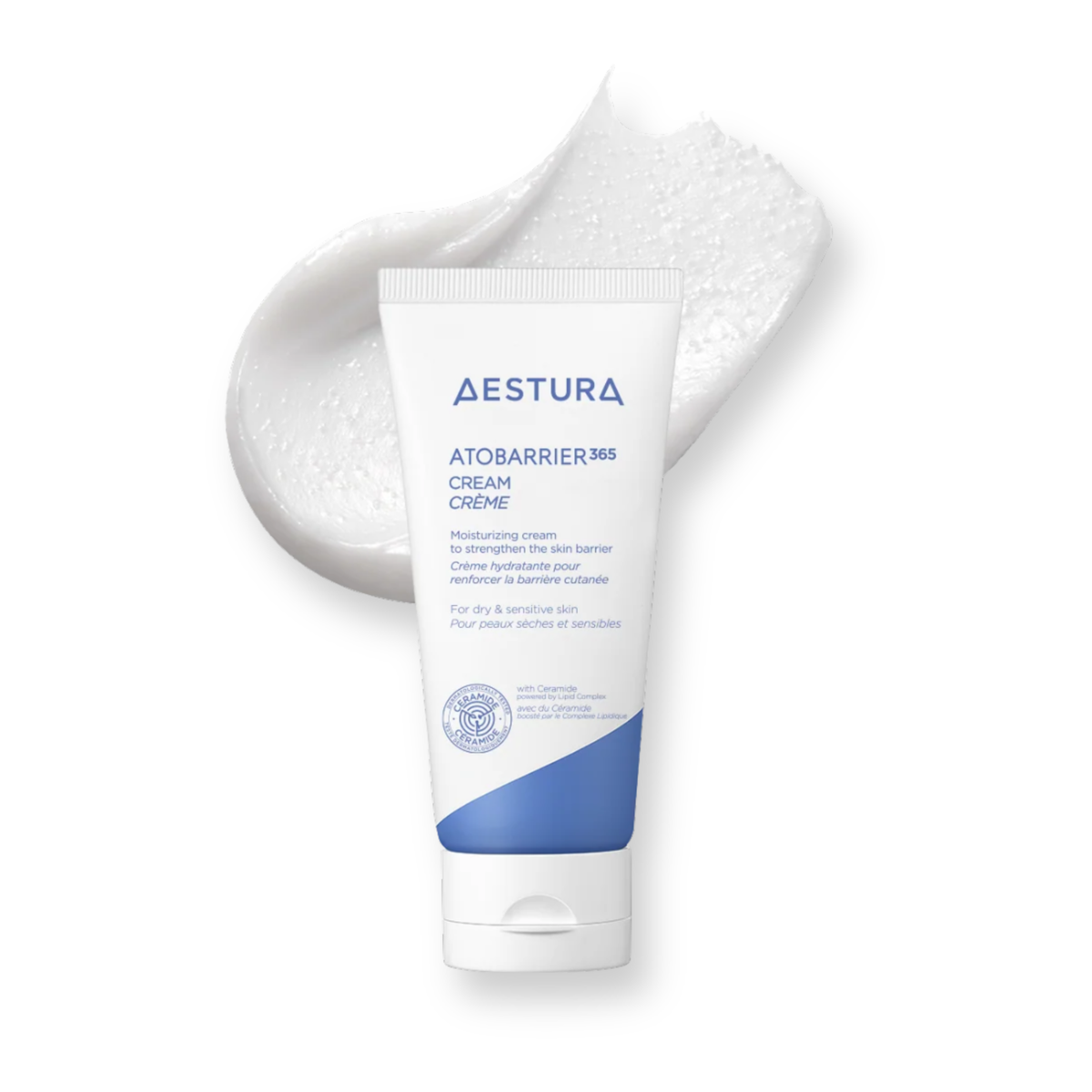 A white squeeze tube of Aestura AtobARRIER365 Cream with blue text and a blue accent band, shown in front of a white cream smear on a clean white background.