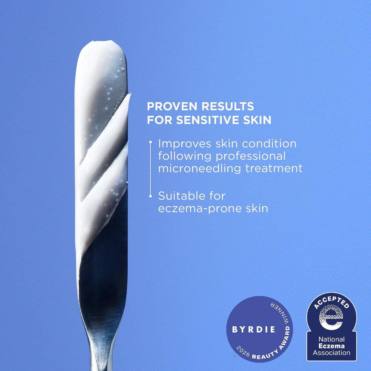 A close-up of a silver microneedling tool with diagonal grooves on a blue background, accompanied by text highlighting its benefits for sensitive skin and eczema-prone skin, along with Byrdie and Acceptio award badges.