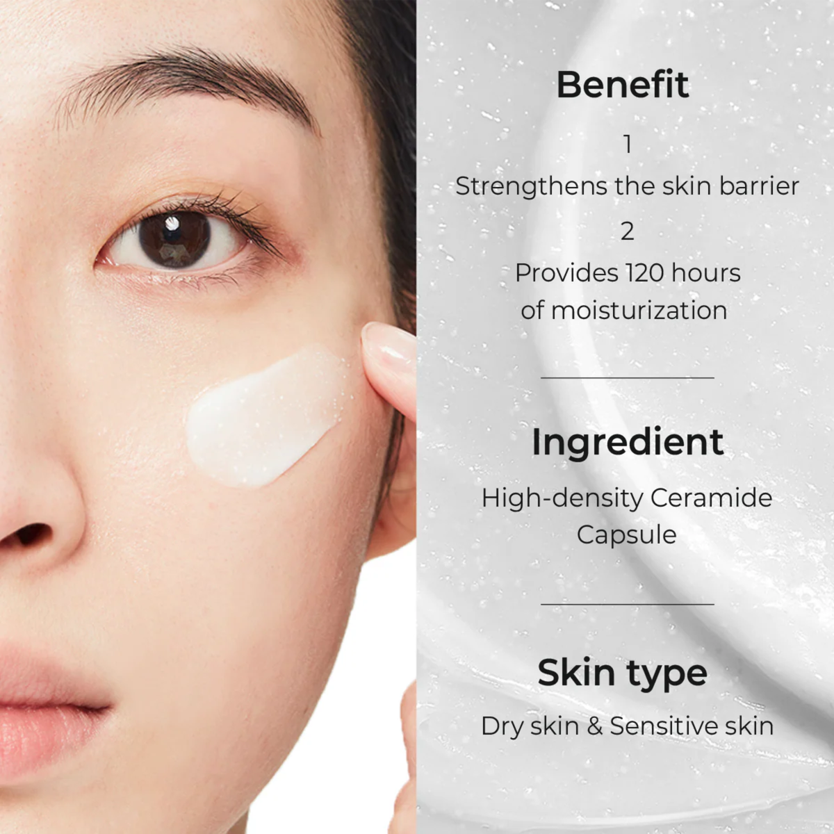Close-up of a woman applying cream to her cheek beside text listing benefits, ingredients, and skin type for a skincare product.