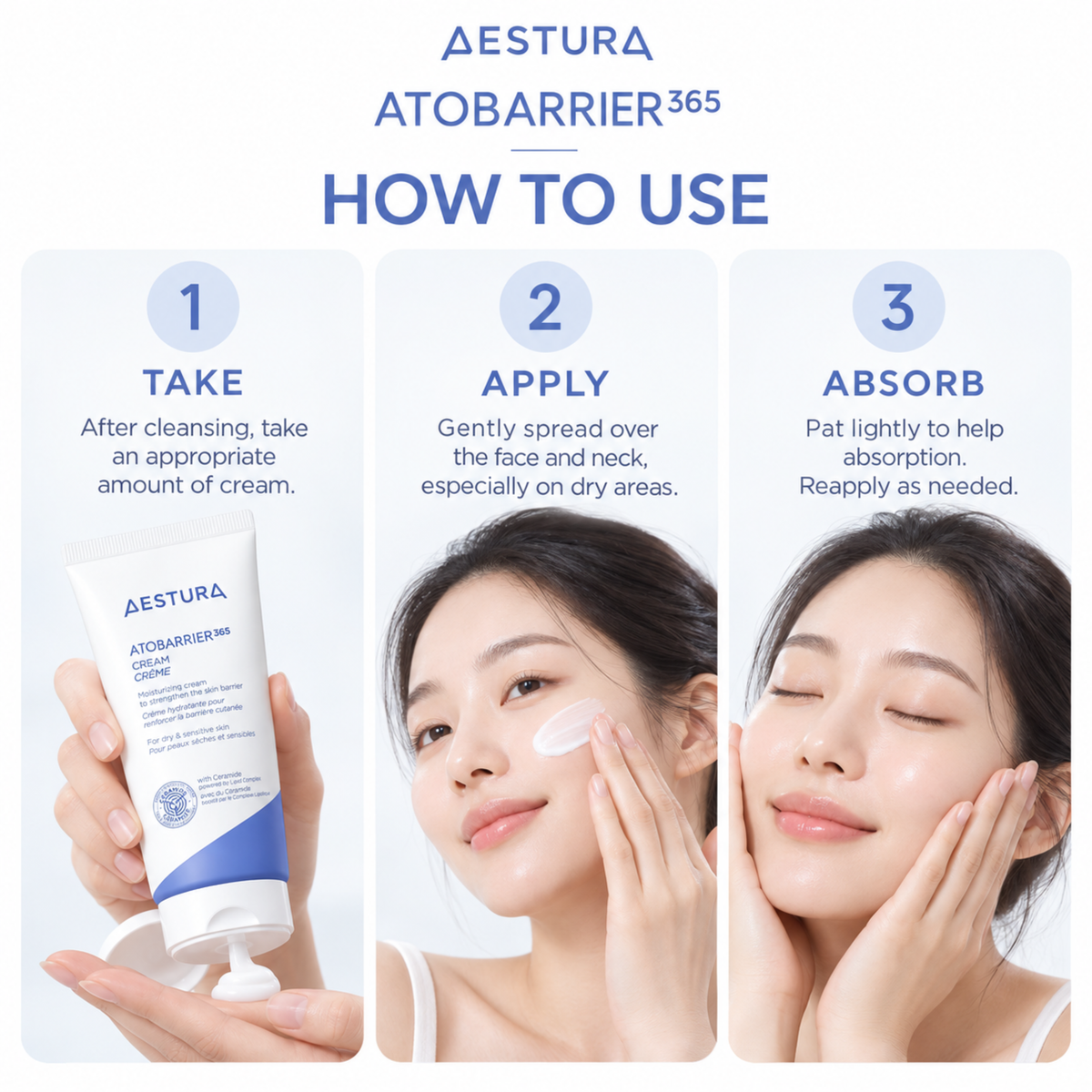 A three-panel skincare instruction graphic for AESTURA ATOBARRIER365 How To Use. The left panel shows a hand holding a white and blue tube of AESTURA ATOBARRIER365 Cream.