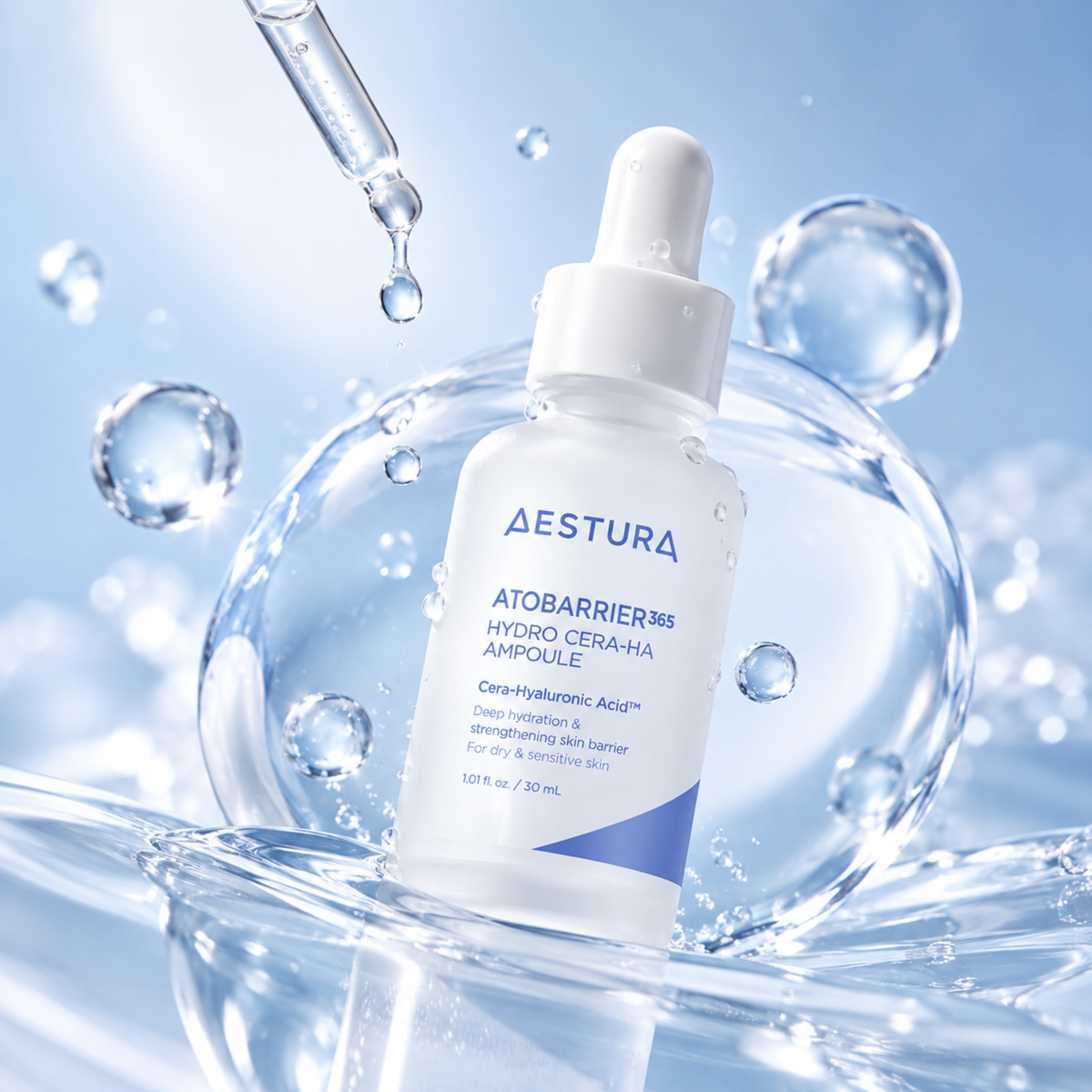 A white dropper bottle of AESTURA Atobarrier 365 Hydro Cera-Ha Ampoule centered in a stylized studio scene with water droplets, splashing water, and clear glass bubbles against a light blue background.