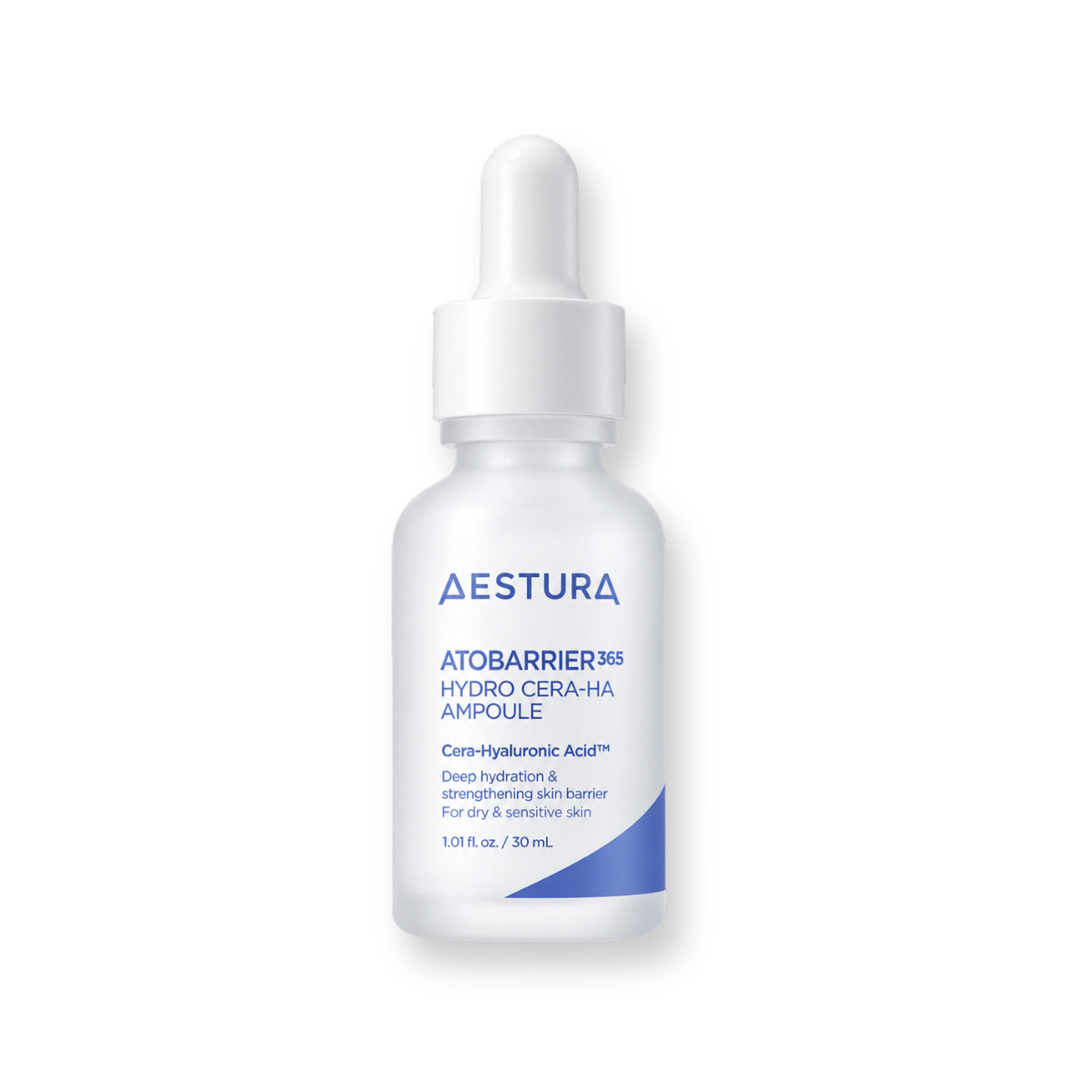A 1 fl oz white glass dropper bottle of Aestura AtobARRIER365 Hydro Cera-Ha Ampoule, featuring blue text and a blue accent stripe on a white label, set against a clean white background with a soft shadow.