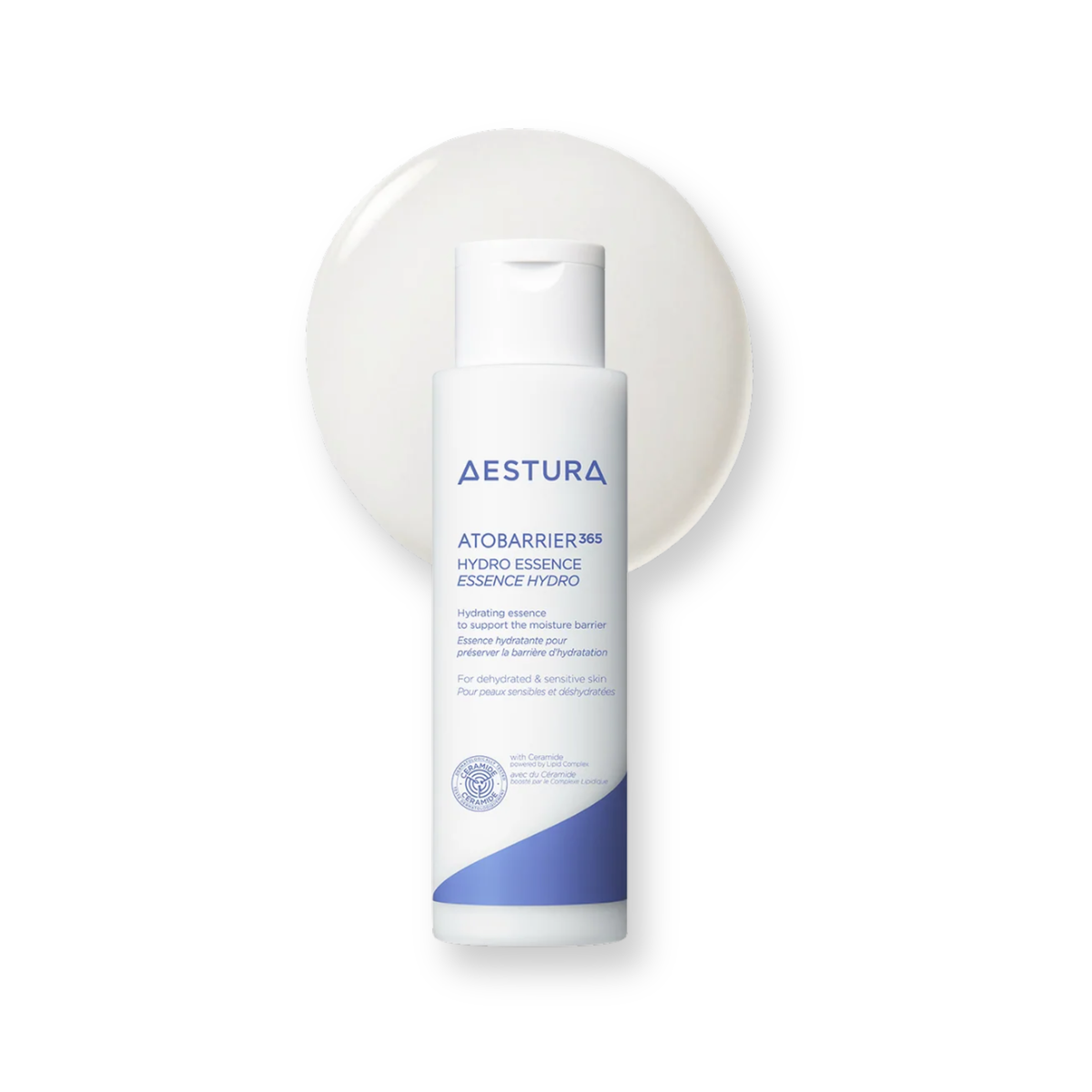 A bottle of Aestura AtobARRIER365 Hydro Essence Essence Hydro moisturizing essence, shown against a white background with a large translucent white oval graphic behind it.