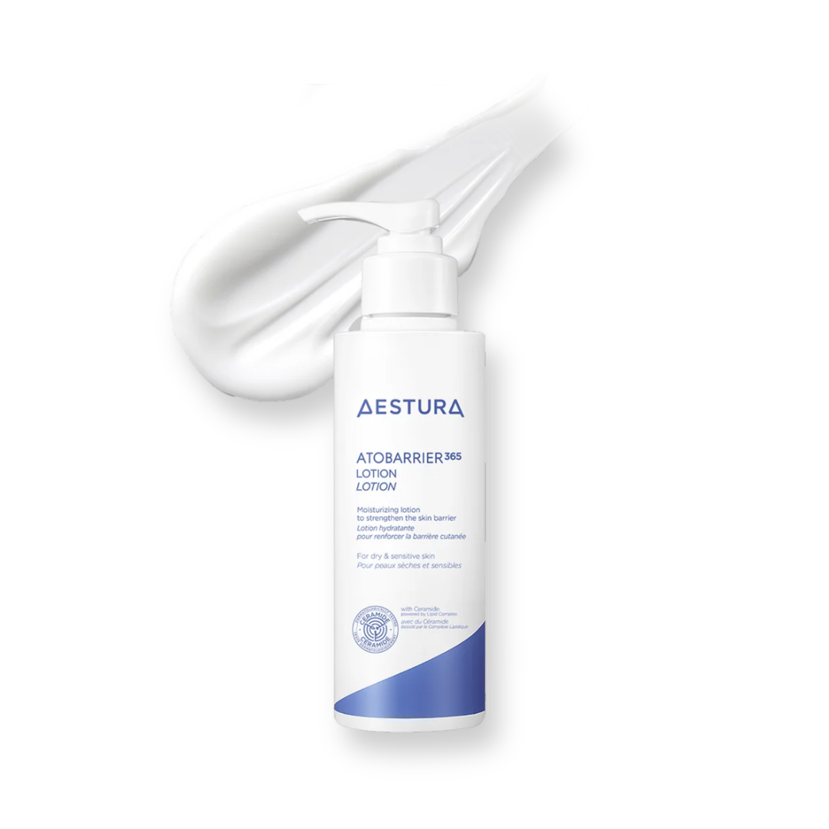 A bottle of Aestura AtobARRIER 365 Lotion Lotion with a pump dispenser, shown on a white background with a white cream smear behind it.