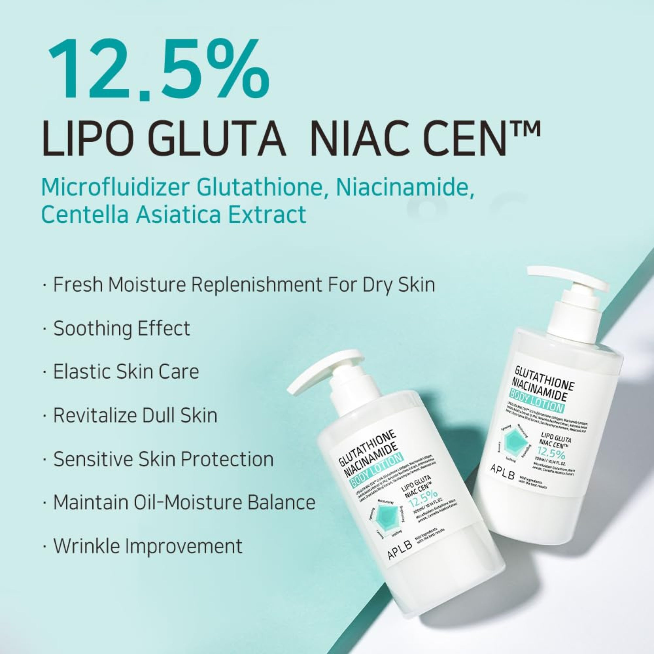 Two skincare bottles with product details on a light blue background