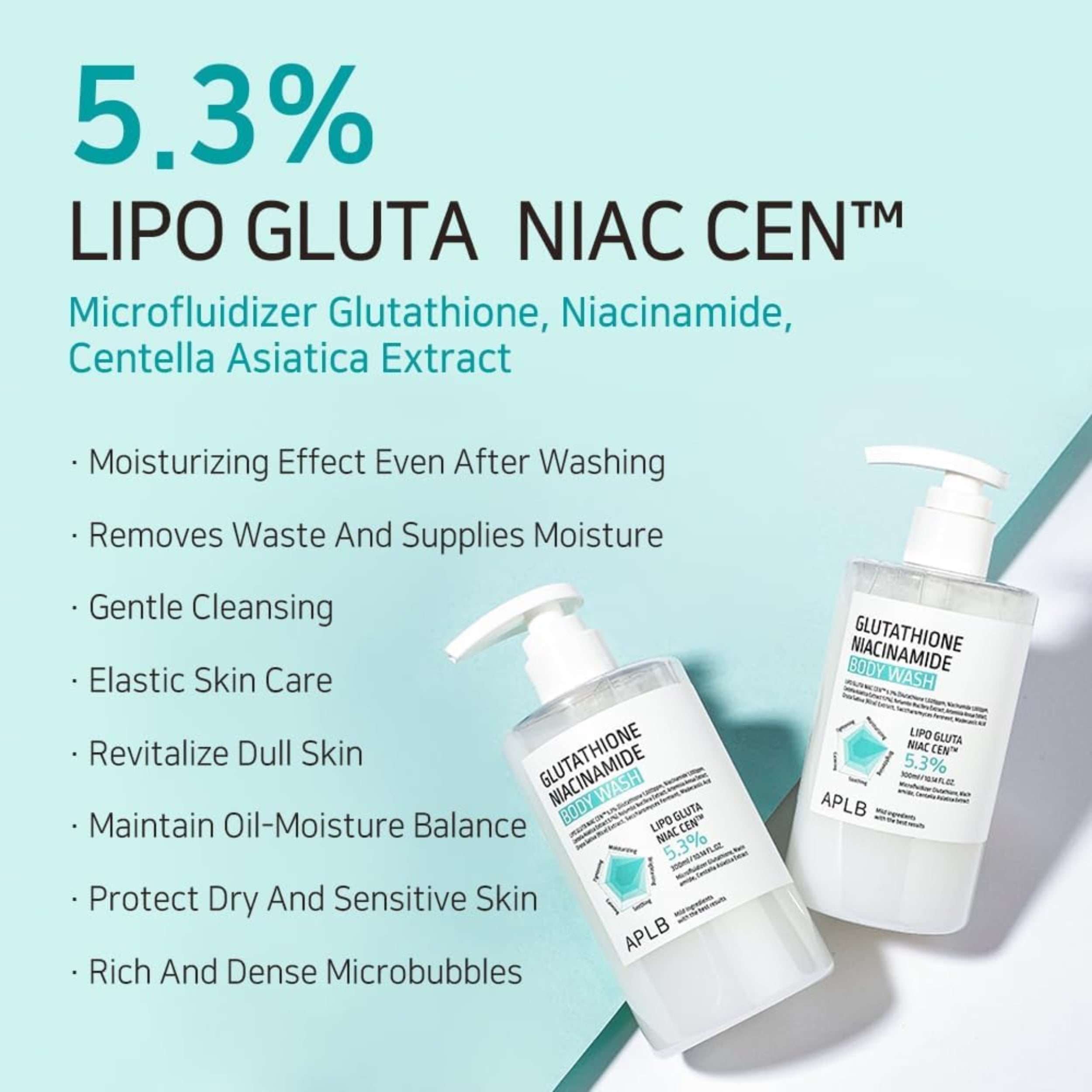Two bottles of skincare product with text detailing its ingredients and benefits on a light blue background.