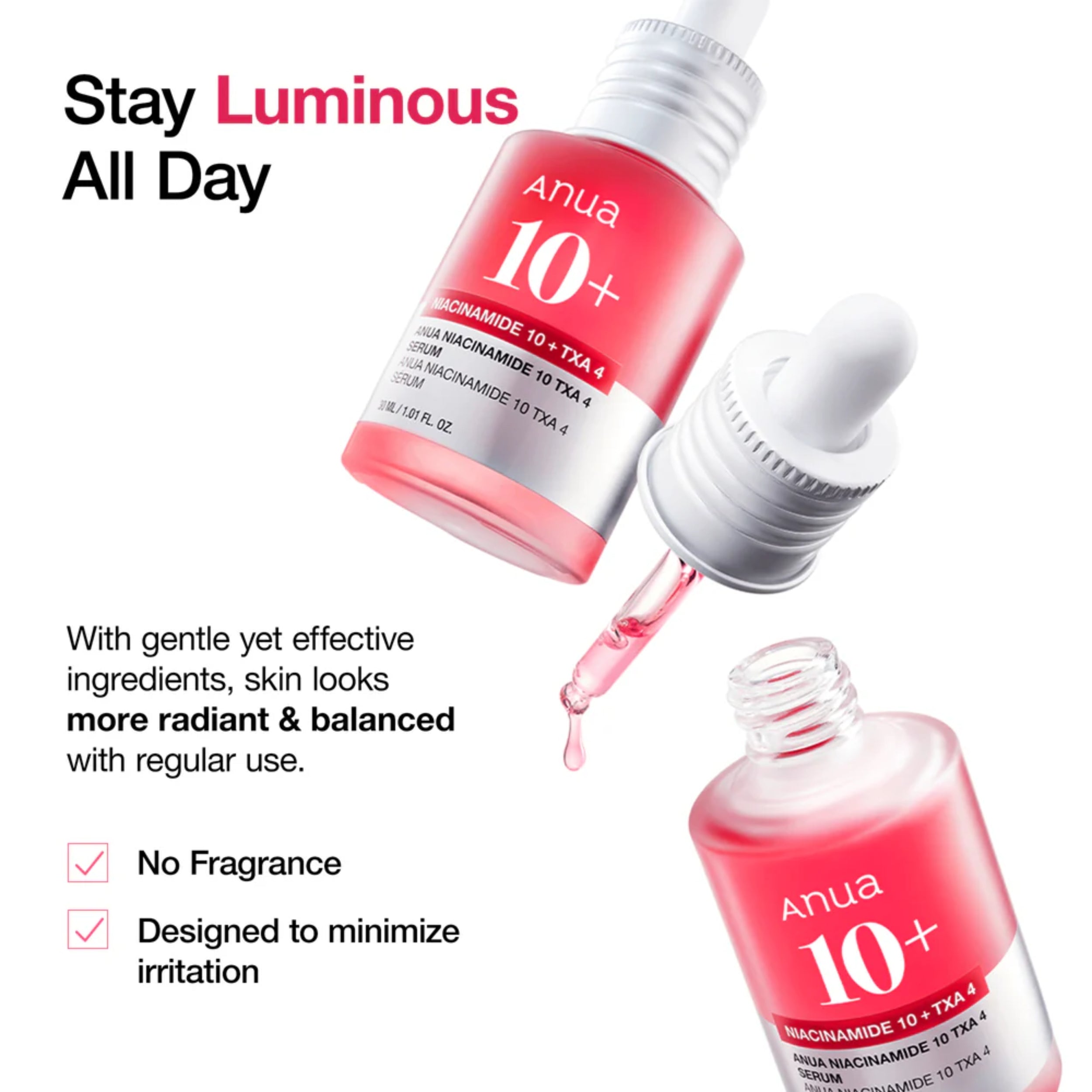 Anua skincare serum bottle with dropper on a white background