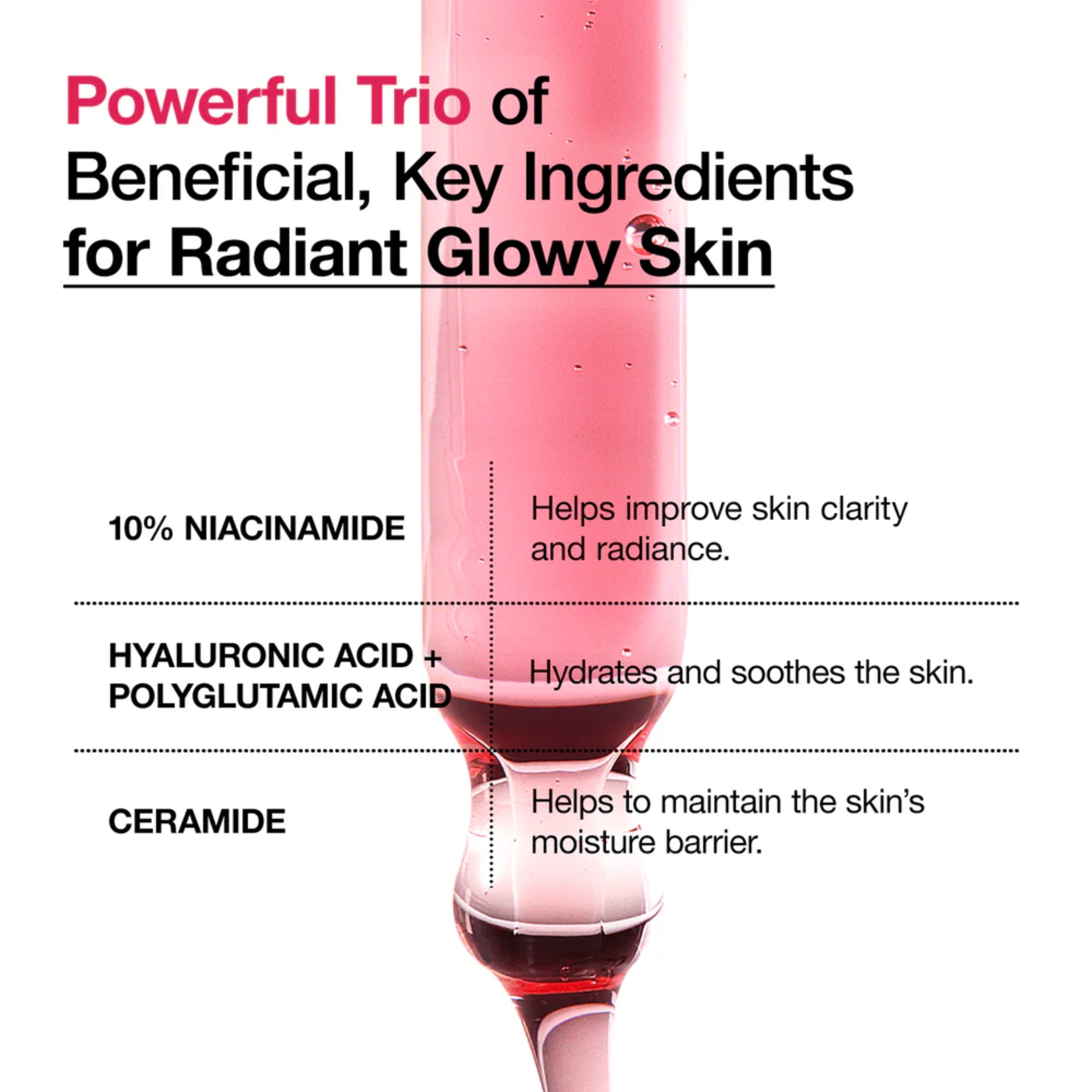 Product with text detailing beneficial ingredients for skin on a white background