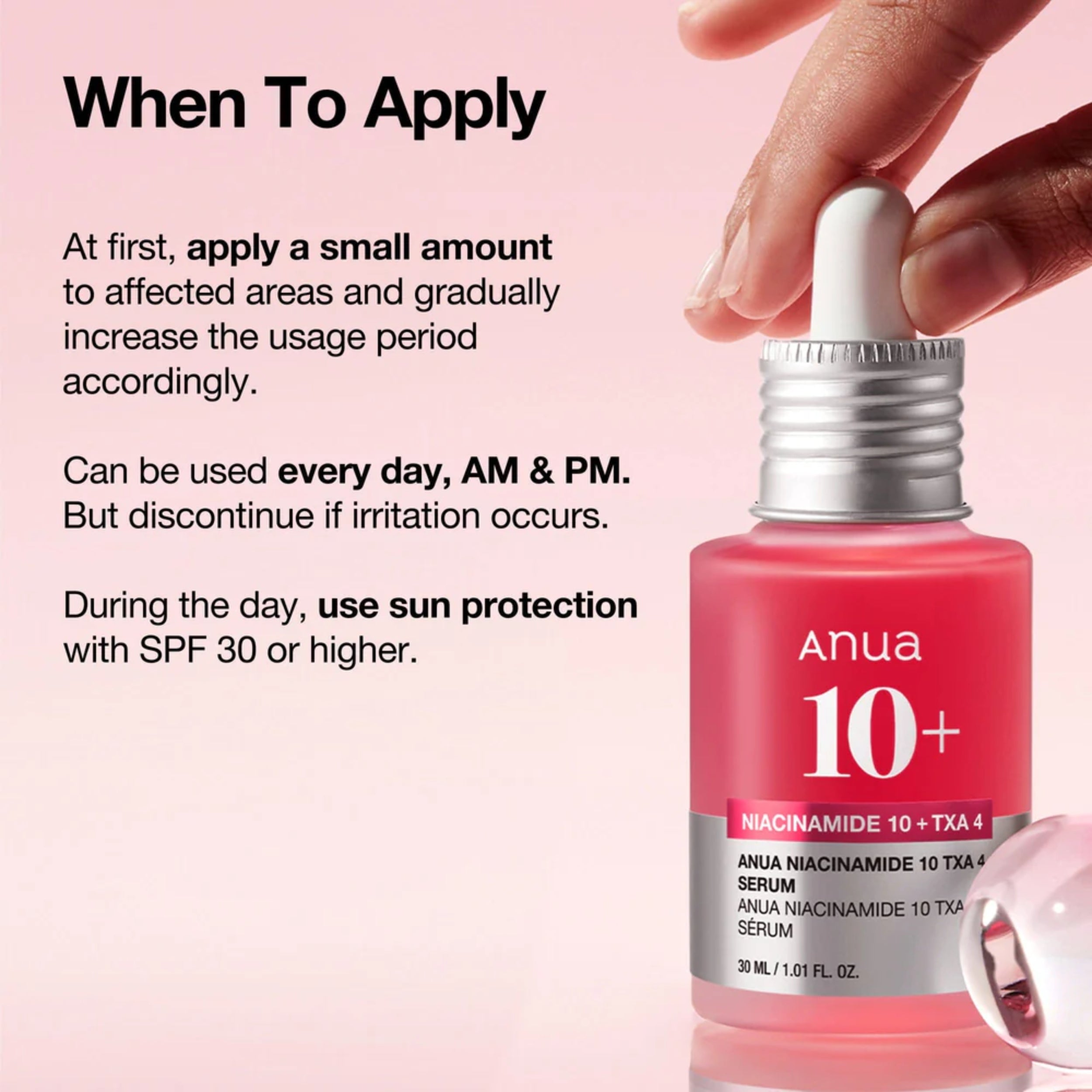 Anua skincare serum bottle with application instructions on a pink background