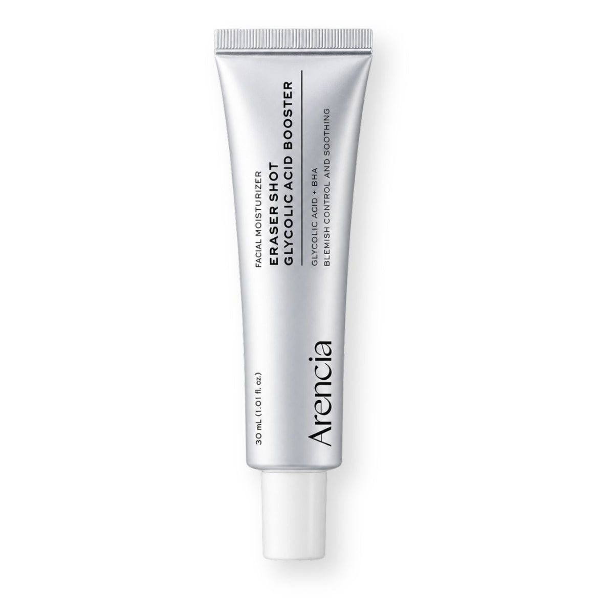 A 30ml squeeze tube of Arencia Eraser Shot Glycolic Acid Booster on a clean white background.