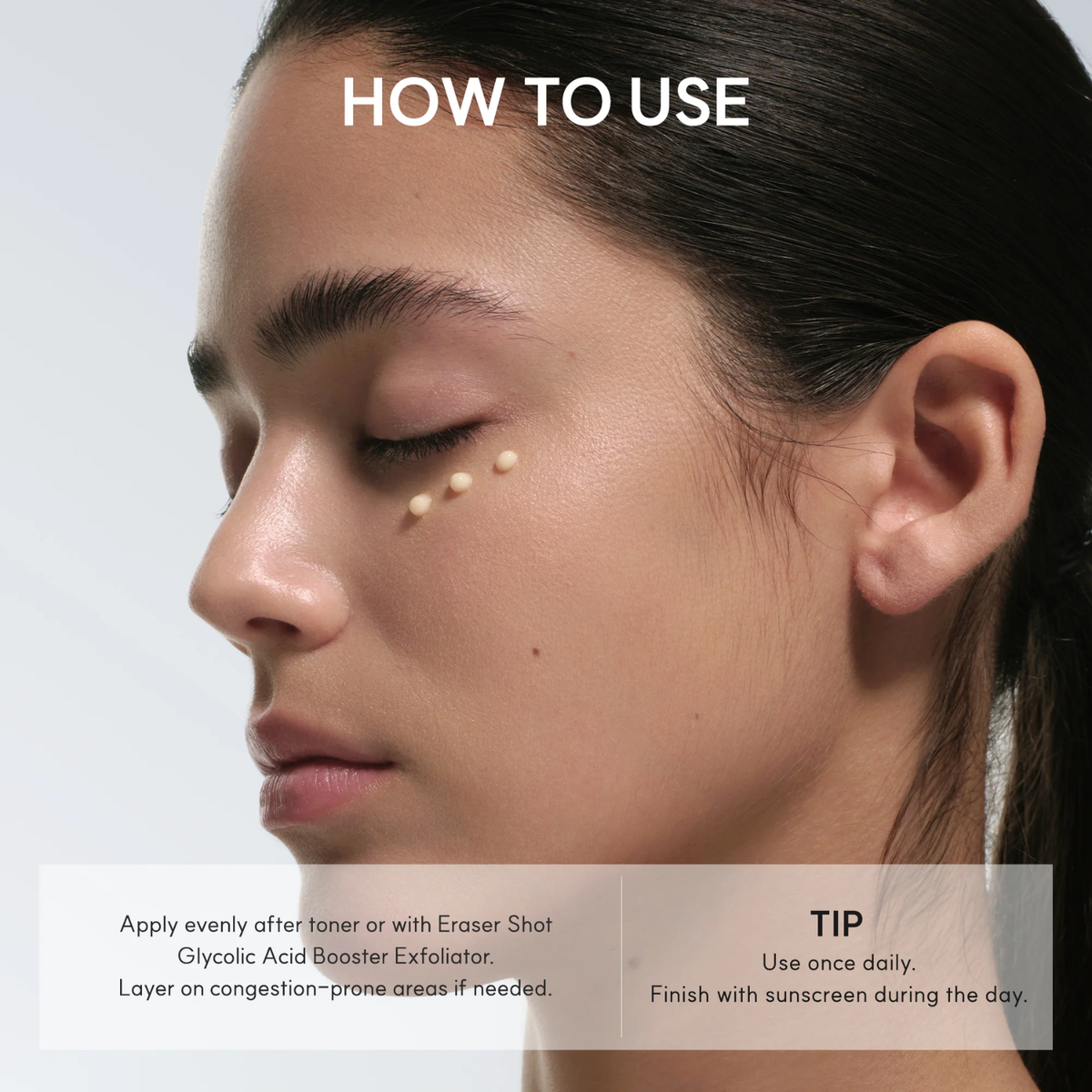 Close-up of a person's face with text on how to use a skincare product.