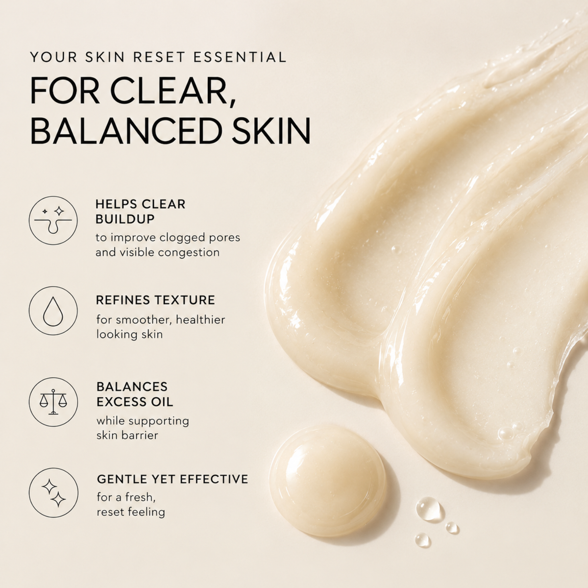 A skincare marketing graphic with cream-colored product texture swatches on a warm beige background and text reading 'YOUR SKIN RESET ESSENTIAL FOR CLEAR, BALANCED SKIN' plus four benefit callouts with icons.