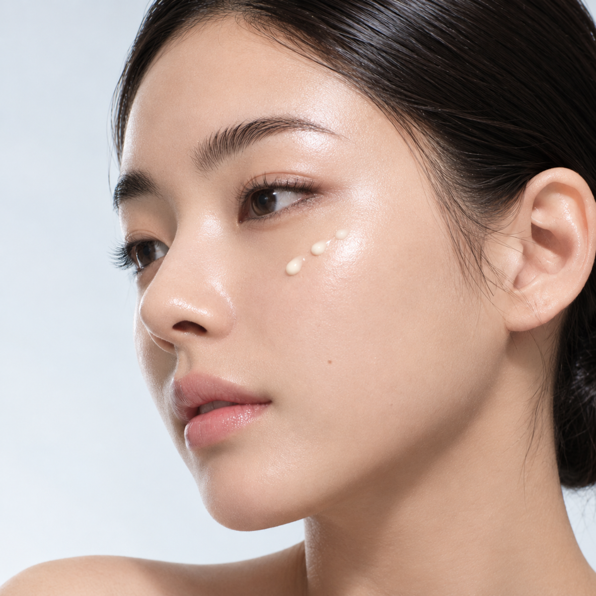 Close-up of a woman's face with three small dots of cream or serum applied to her cheek, shown against a light gray studio background.
