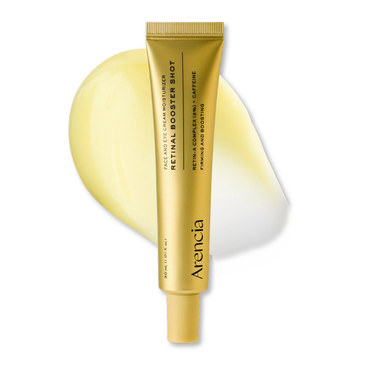 Gold cosmetic tube labeled 'Arencia' on a white background