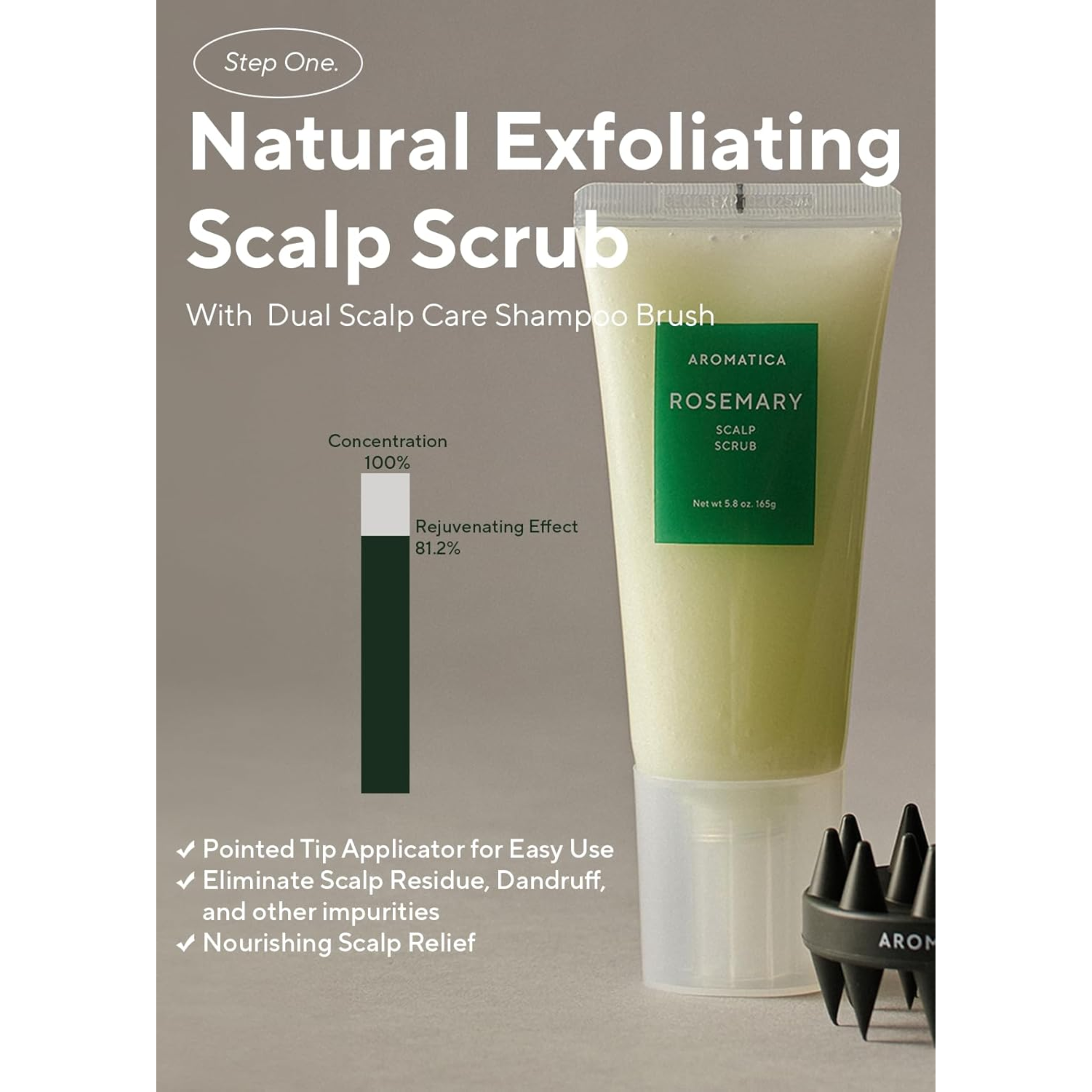 Natural exfoliating scalp scrub with dual scalp care shampoo brush on a gray background