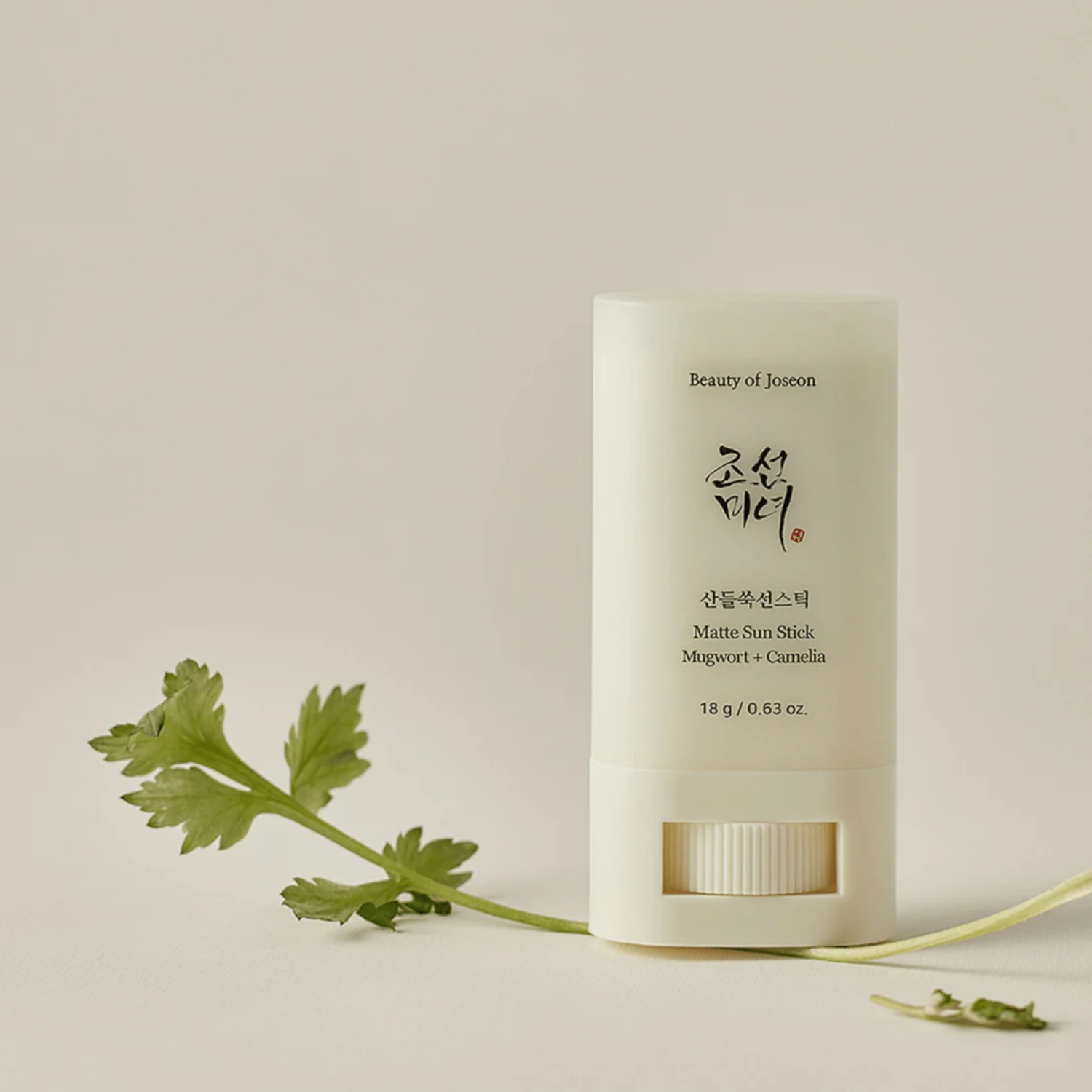 Beauty of Joseon sun stick with a green leaf on a beige background