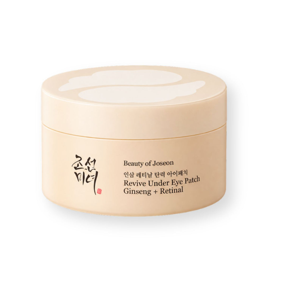 Beauty of Joseon Revive Under Eye Patch Ginseng + Retinal eye cream jar, featuring a light beige container with black text and Korean calligraphy on a white background.