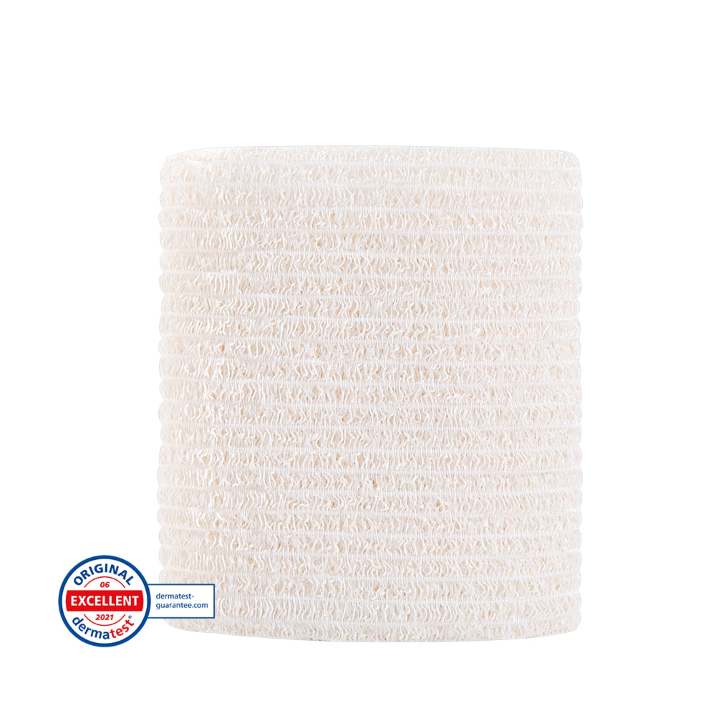 White textured bath mat with a brand logo on a white background