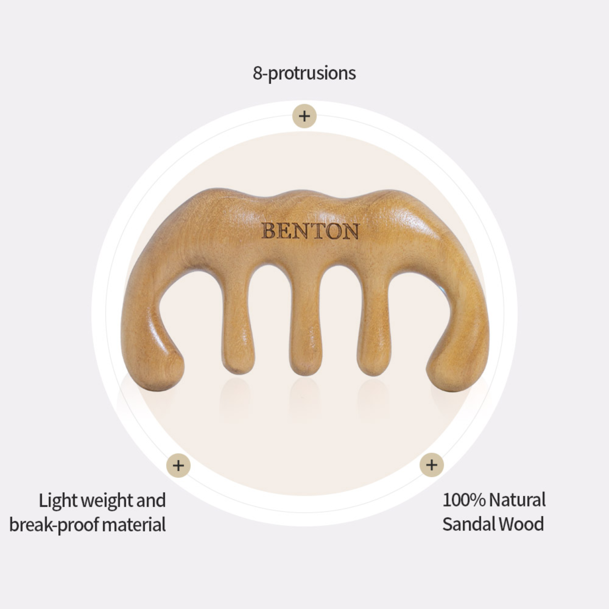 Benton sandalwood tool with features highlighted on a white background
