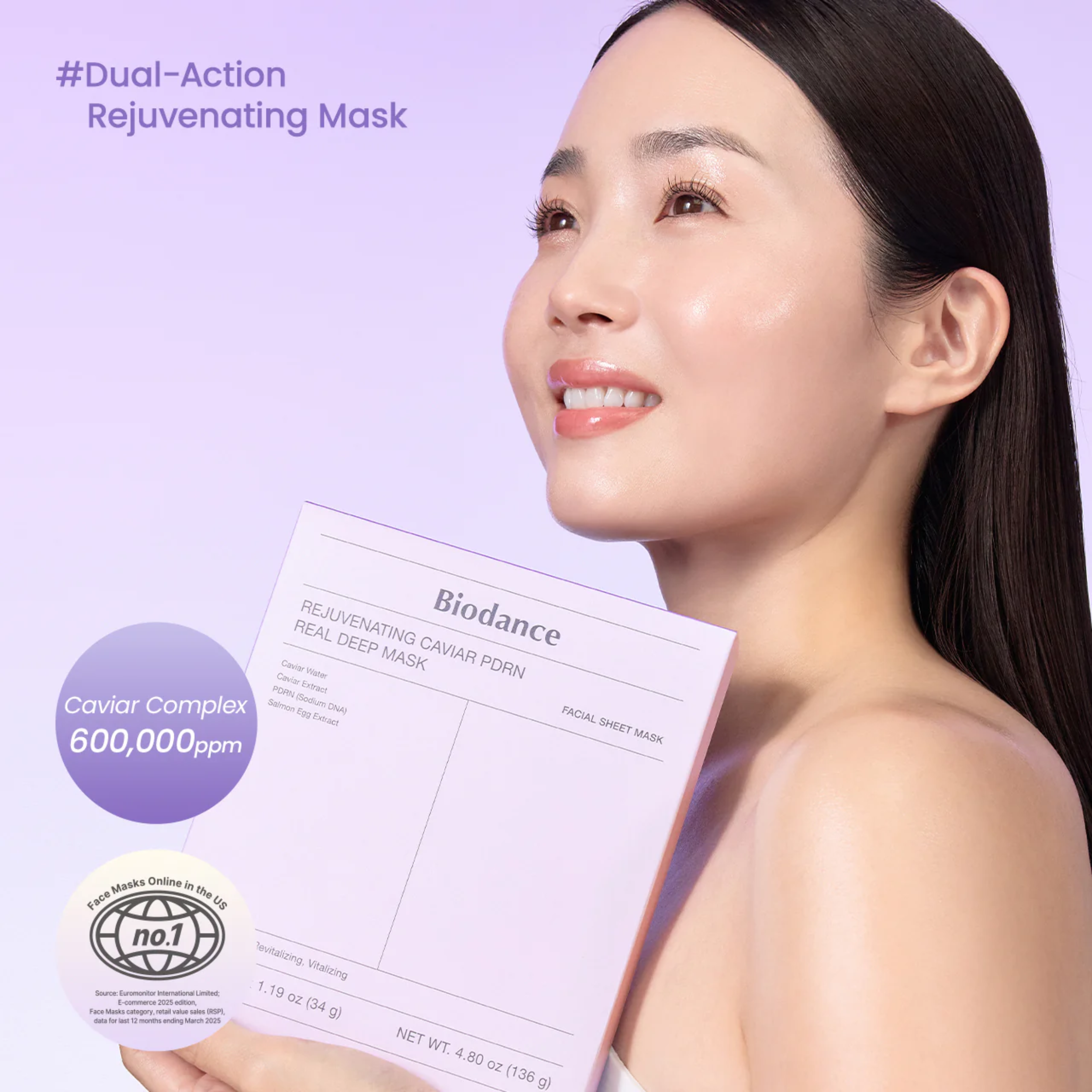 Woman holding a Biodance Dual-Action Rejuvenating Mask against a purple background