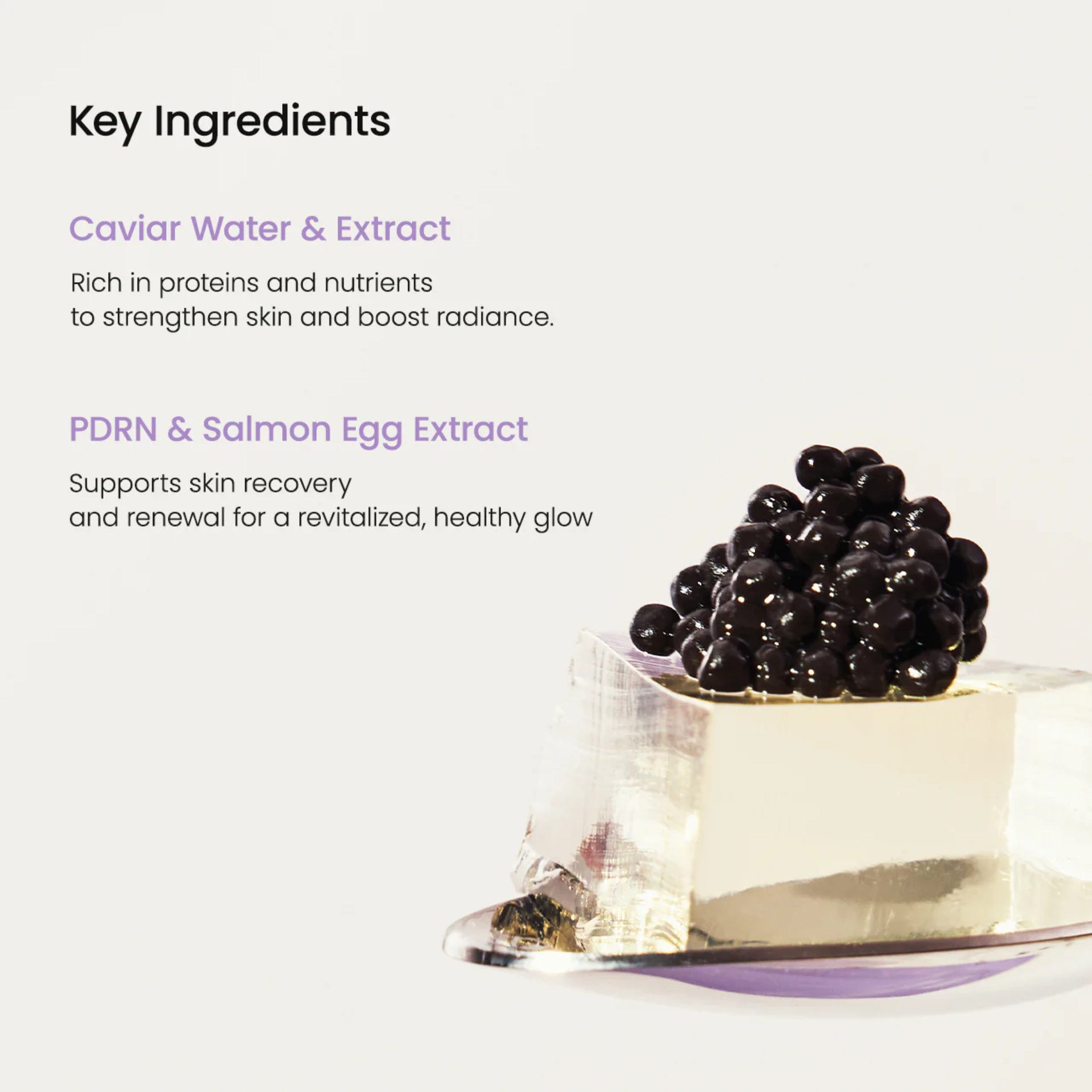Product with caviar and text about key ingredients on a white background