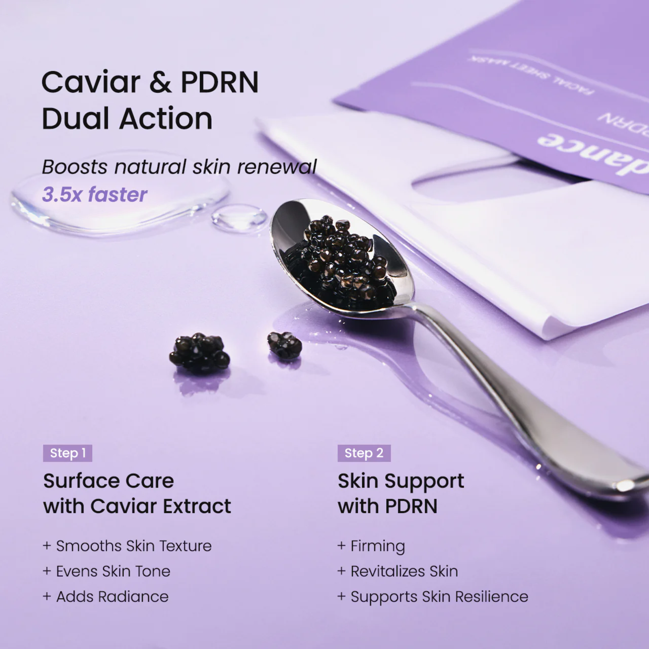 Caviar and PDRN dual action skincare product with spoon and packaging on a purple background