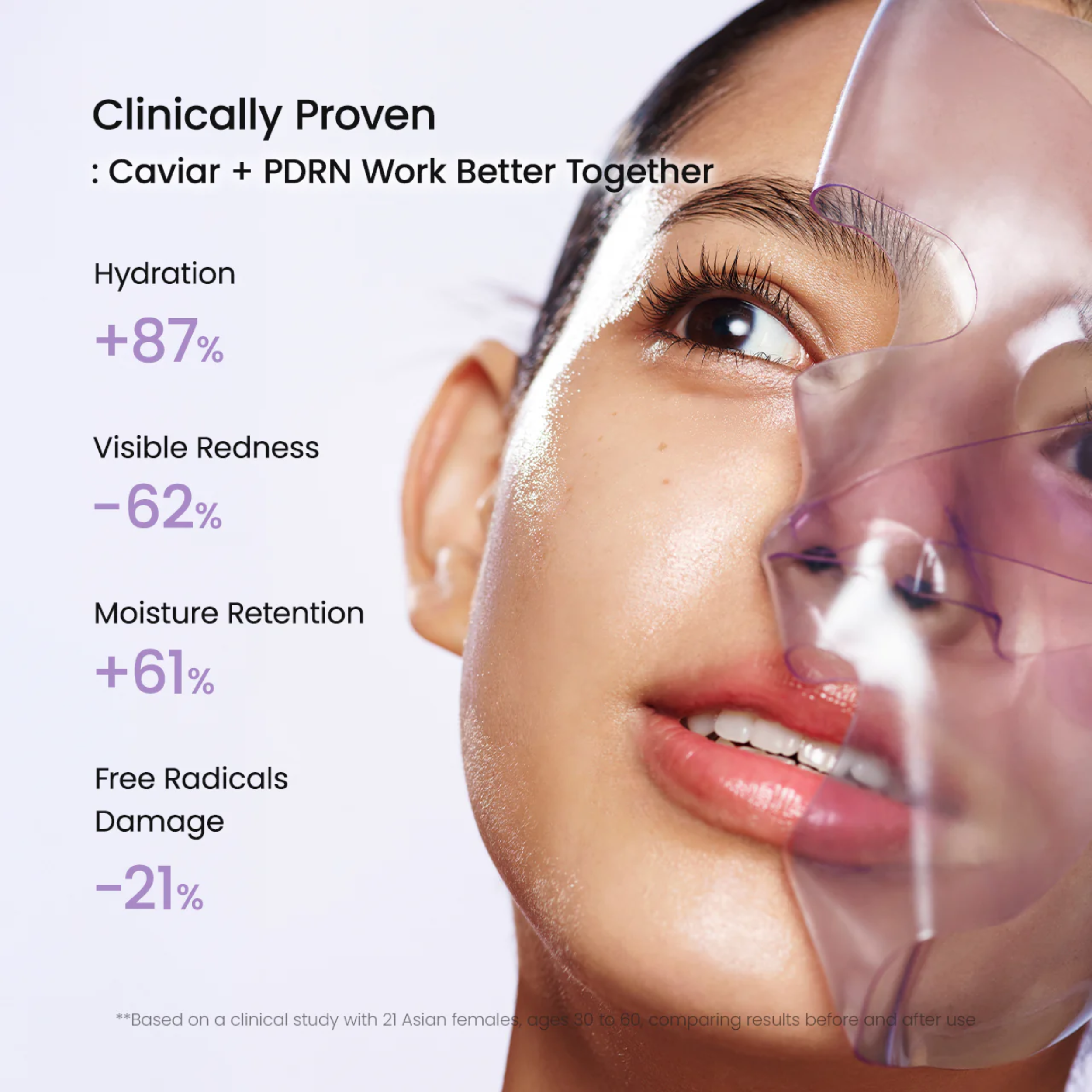 Woman using a skincare device with clinical benefits displayed on a white background