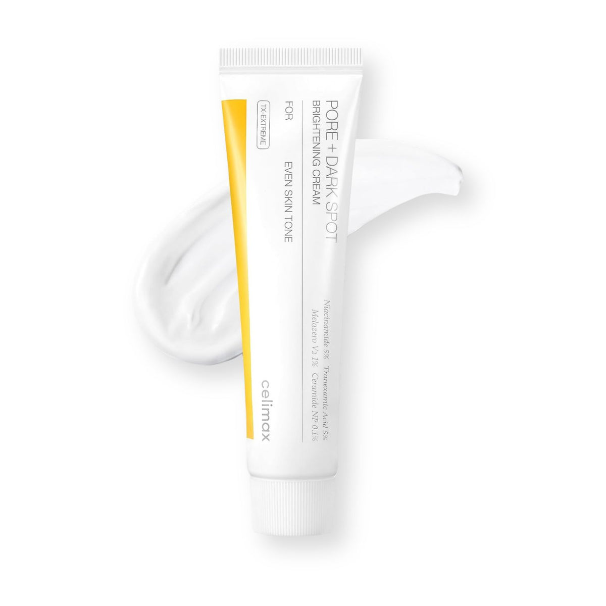 A white squeeze tube of Cellmax Pore + Dark Spot Brightening Cream with a yellow accent stripe, shown against a white background with a swirl of white cream behind it.