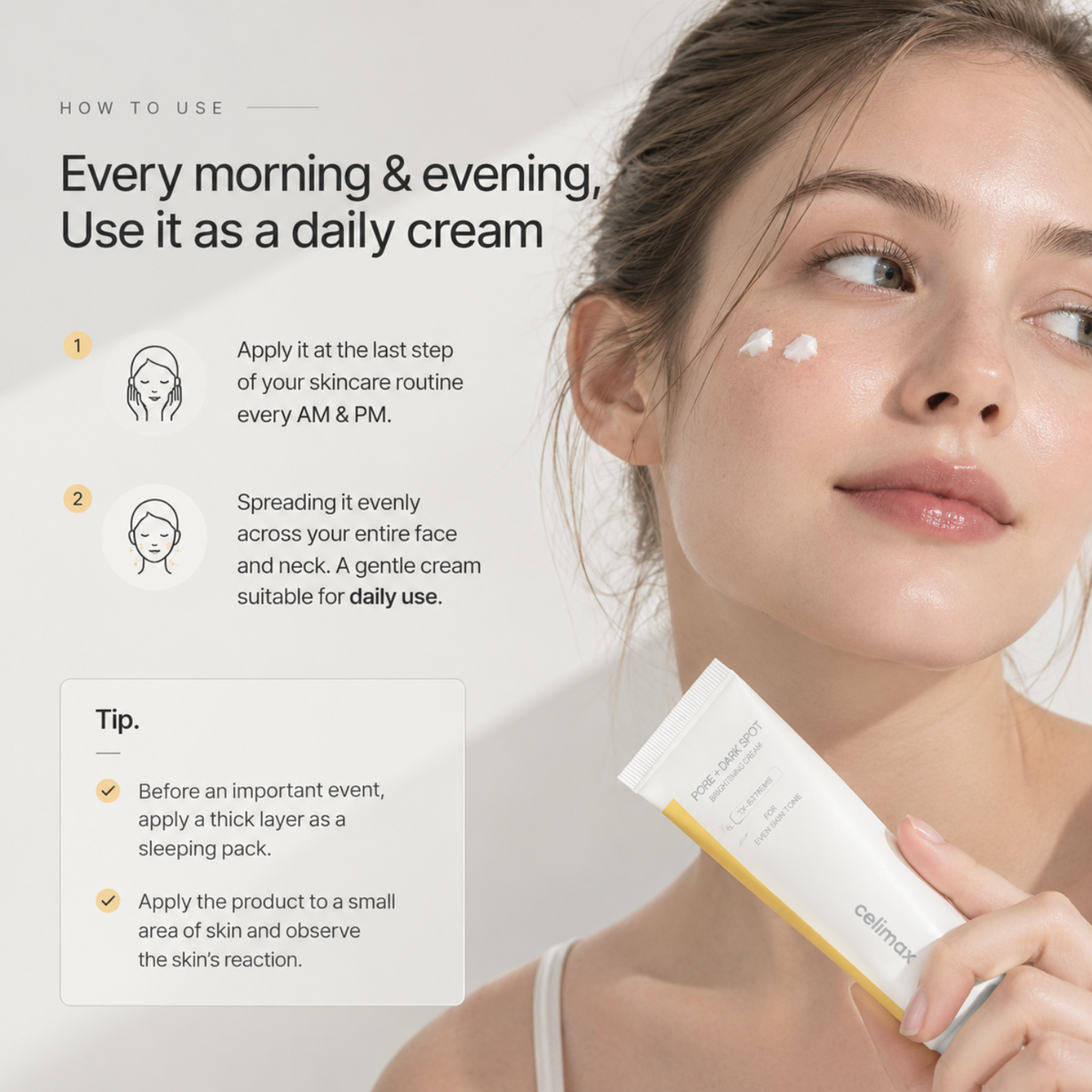 A woman applies a white cream from a Celmoed skincare tube onto her face and neck, with instructional text on how to use the daily cream. The background is a clean, neutral beige-toned studio setting.