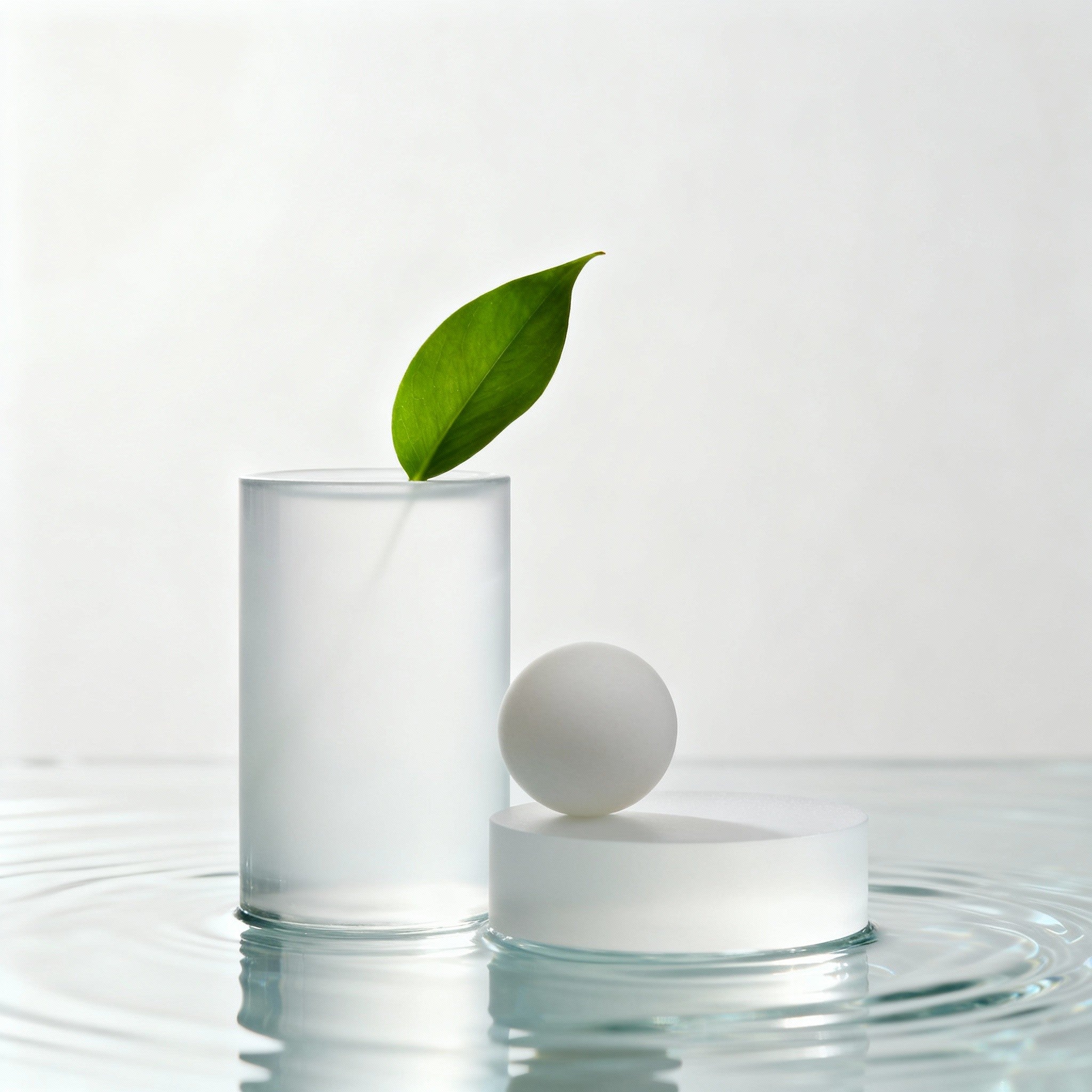 Glass of water with a leaf and a white sphere on a white background