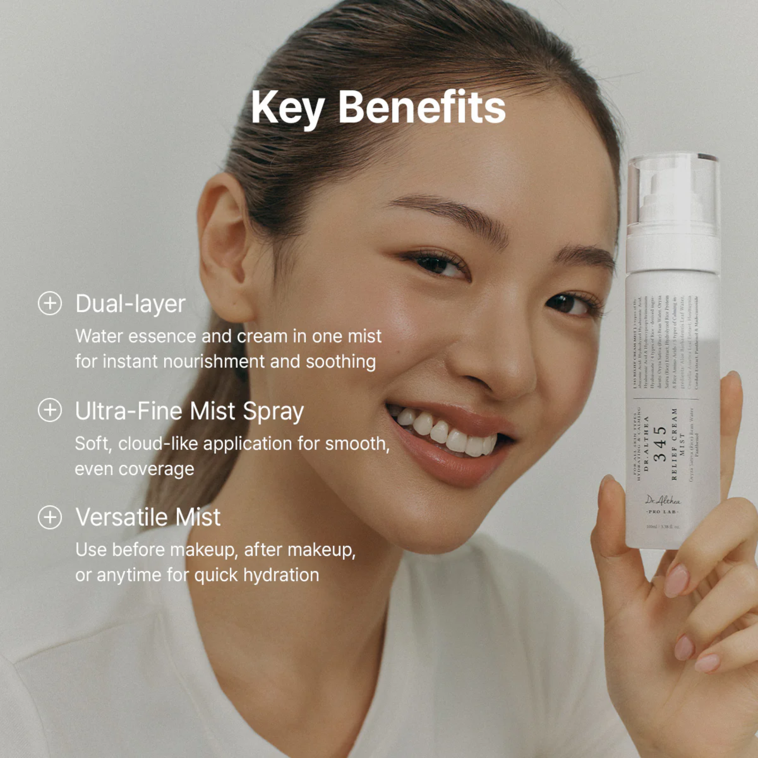 Woman holding a skincare product with text on key benefits against a neutral background