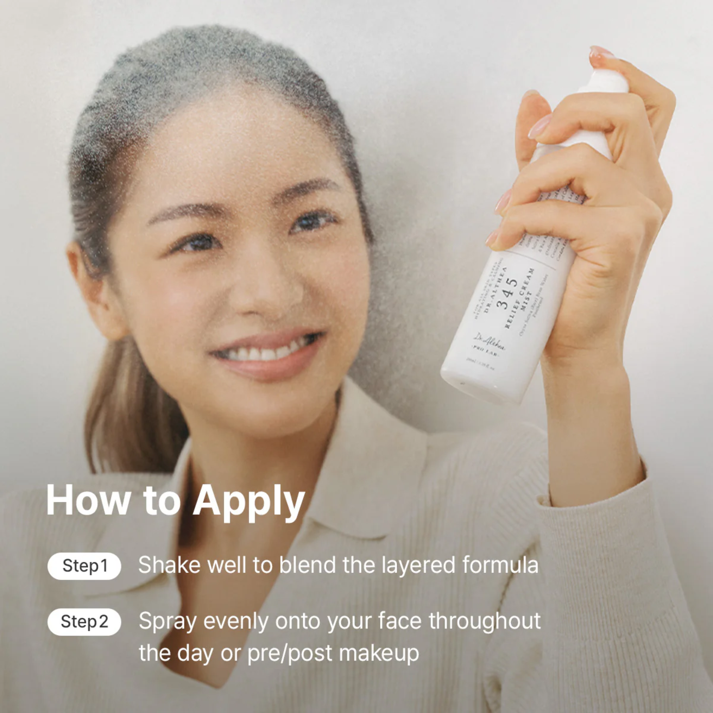 Woman holding a spray bottle with text on how to apply it