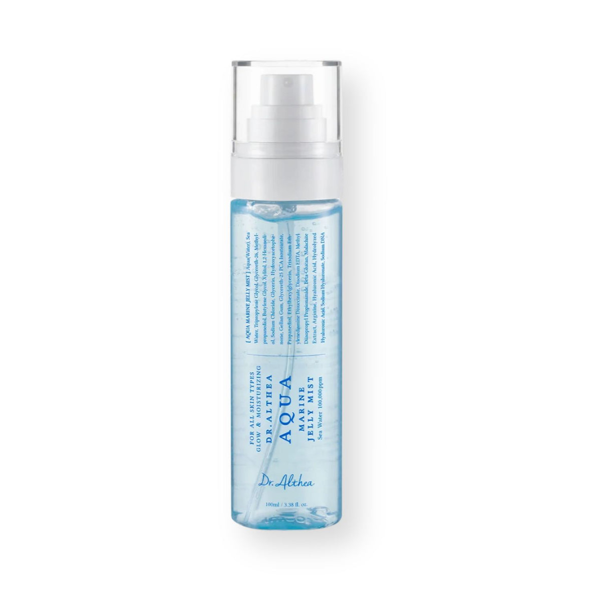 A Dr. Alhama Aqua Hyalu-Mist spray bottle with a clear cap and white pump, containing light blue liquid, shown on a plain white background.