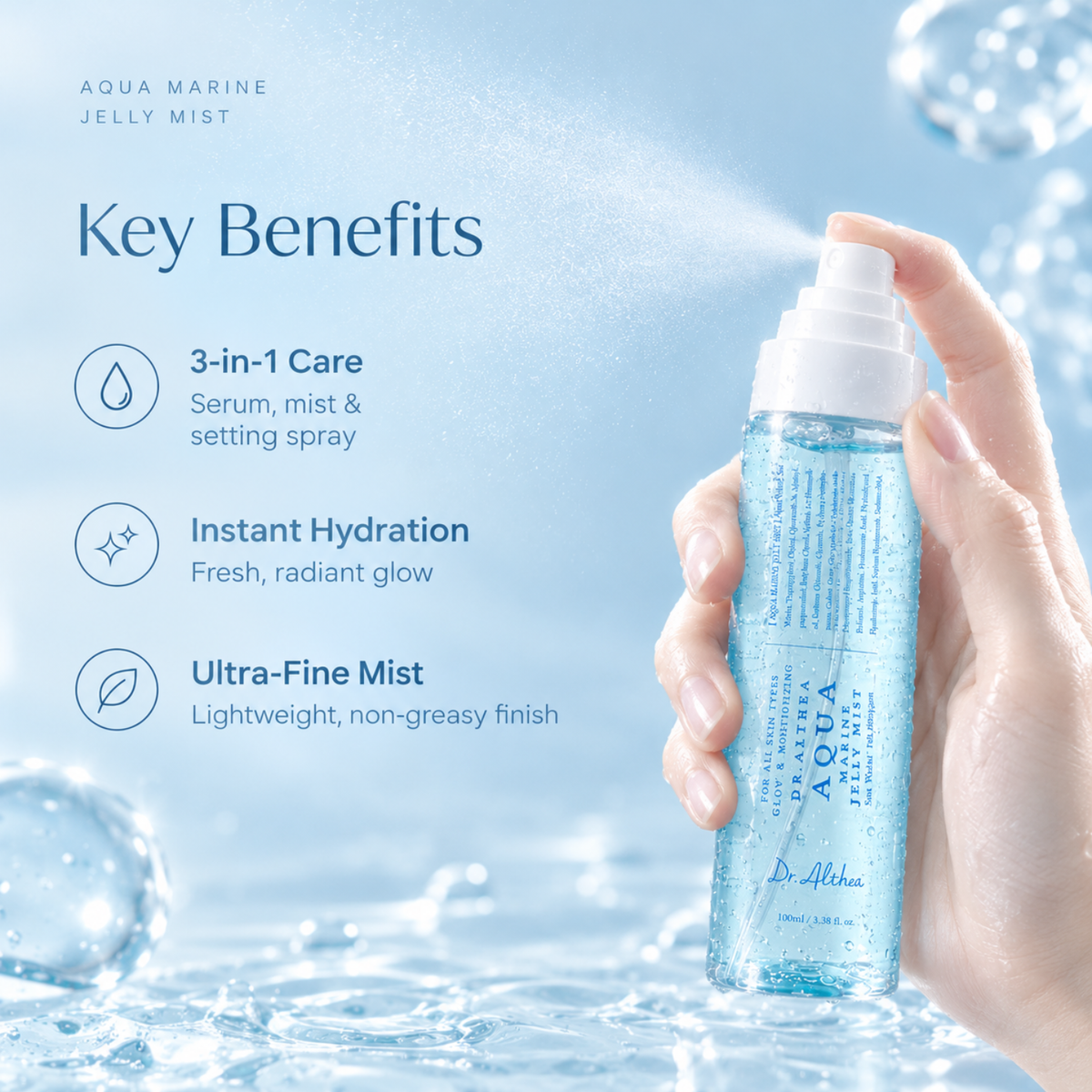 A hand holding a bottle of Aqua Marine Jelly Mist, spraying a fine blue mist into the air. The left side features a light blue graphic section titled 'Key Benefits' with three bullet points about 3-in-1 care, instant hydration, and ultra-fine mist.