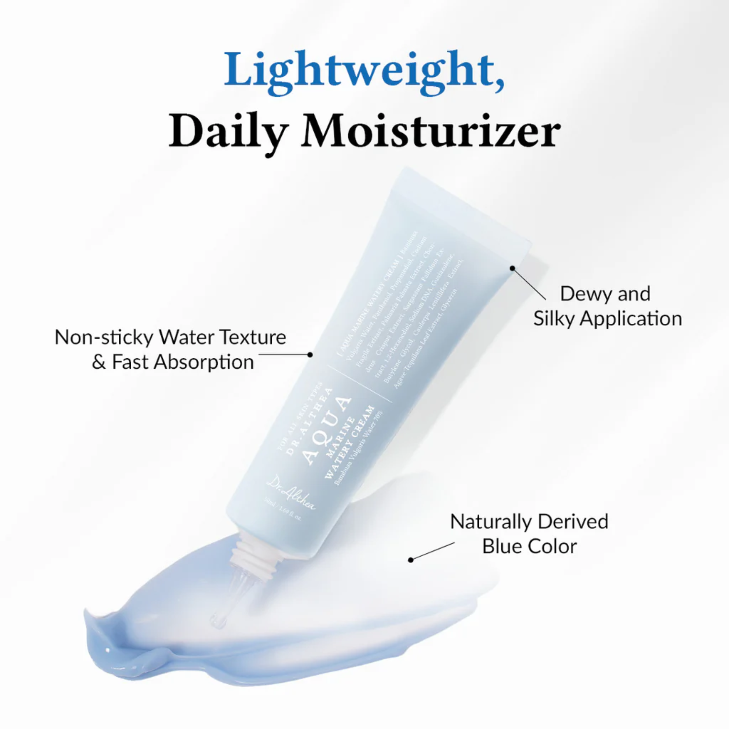 Blue daily moisturizer tube with text highlighting features on a white background
