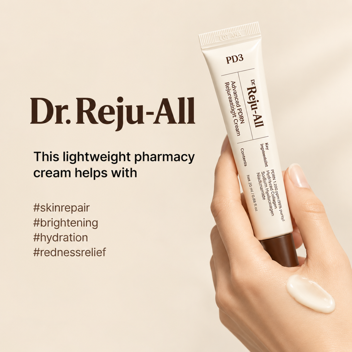 A hand holds a white tube of Dr. Reju-All Advanced PDRN Cream against a warm beige background, with product text and a smear of cream visible on the hand.