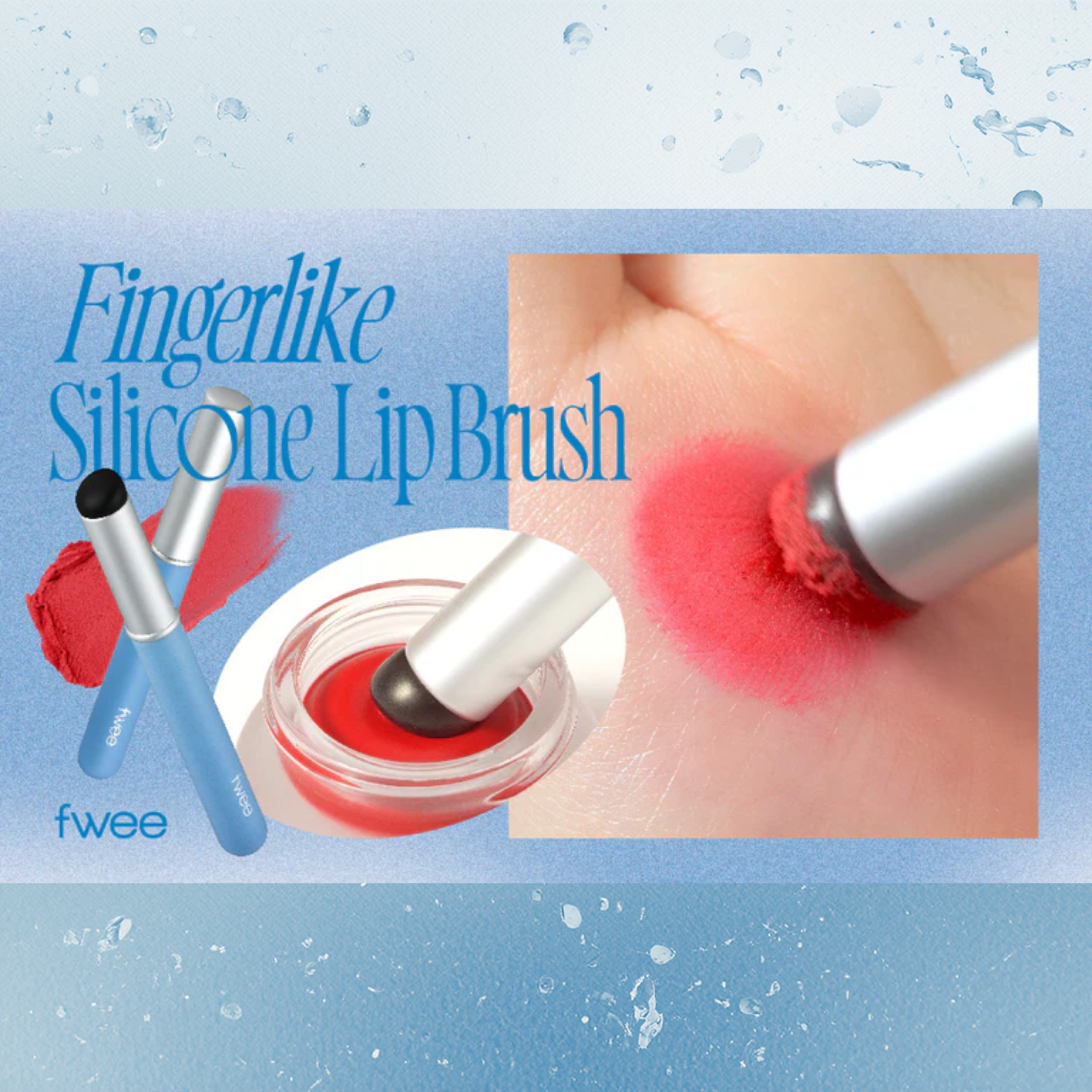 Fingerlike silicone lip brush with red lipstick on a blue background