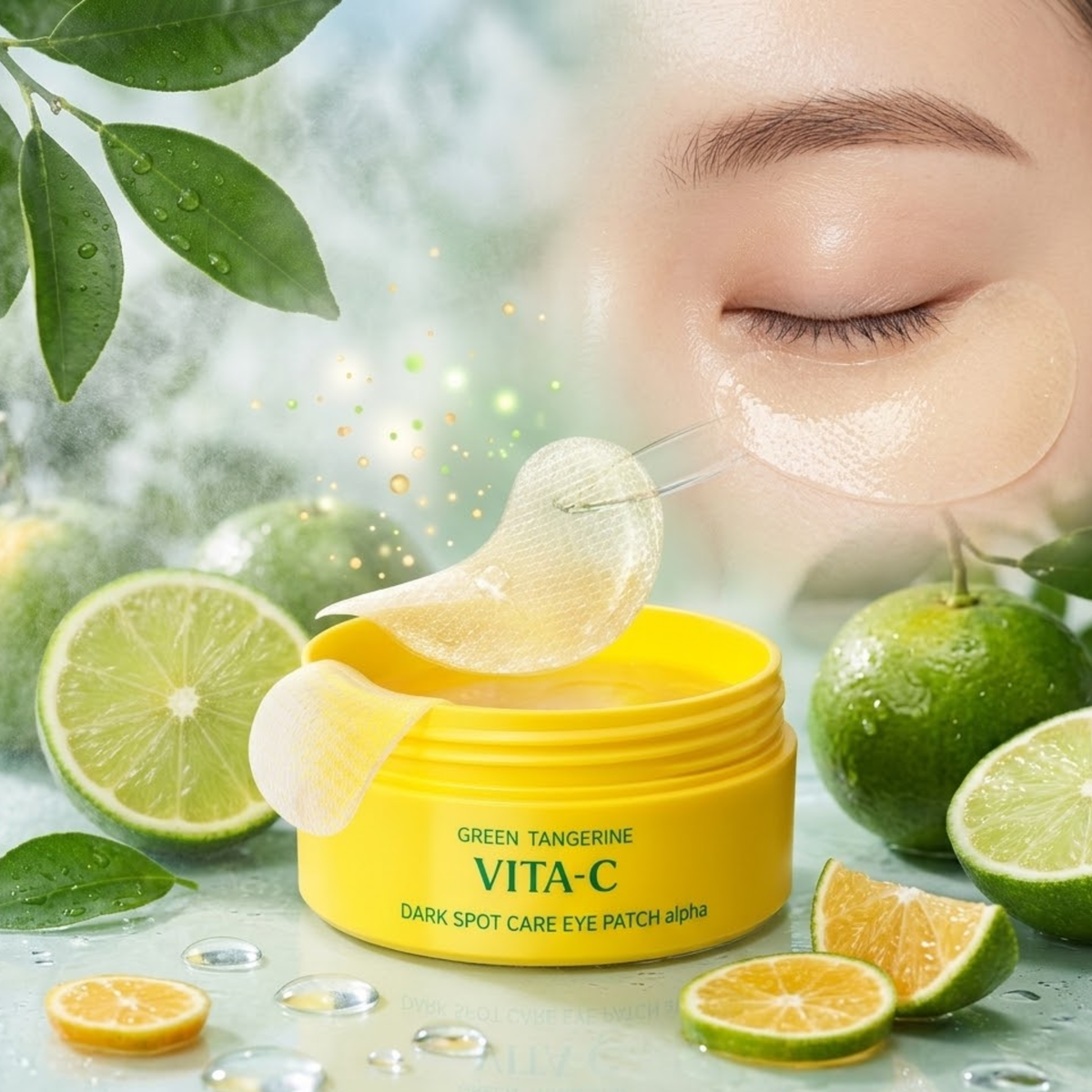 A jar of green tangerine dark spot care eye patch cream with translucent patch sheets floating above it, styled with limes, leaves, and a woman's eye area wearing a patch.