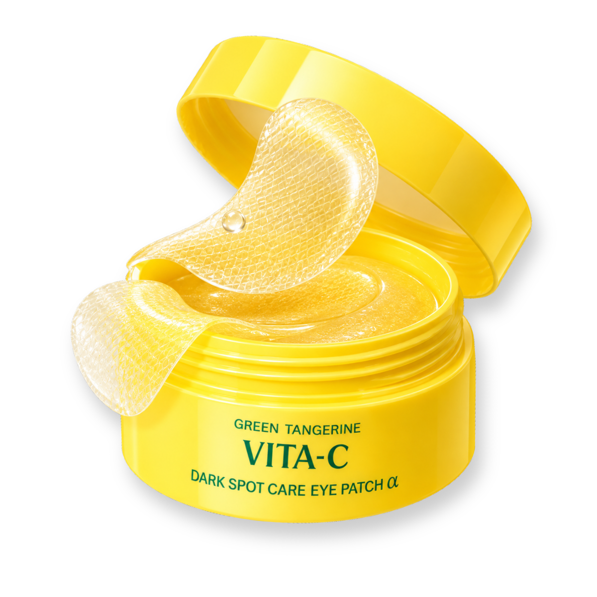 Yellow open jar of green tangerine VITA-C dark spot care eye patch cream with two translucent adhesive eye patches resting inside, on a white background.