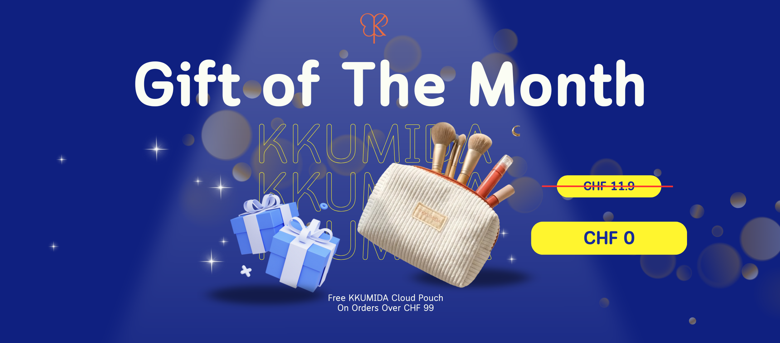 Promotional graphic for 'Gift of The Month' with makeup set and text on a blue background