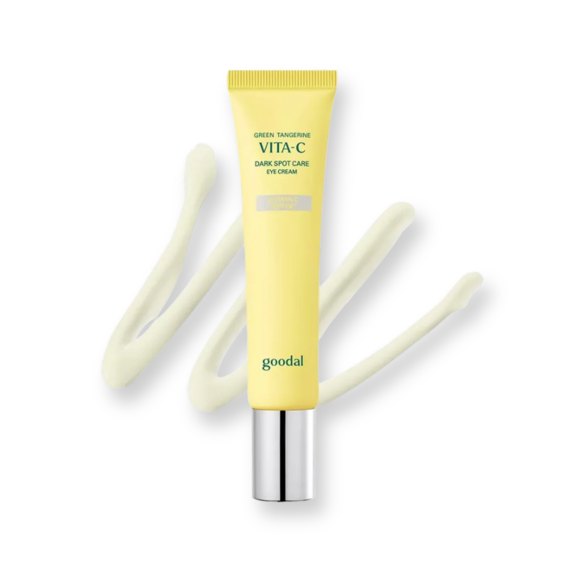 A yellow cosmetic cream tube with a silver cap, labeled 'goodal' and 'Green Transfers VITA-C Dark Spot Care Cream', shown on a white background with cream swirled behind it.