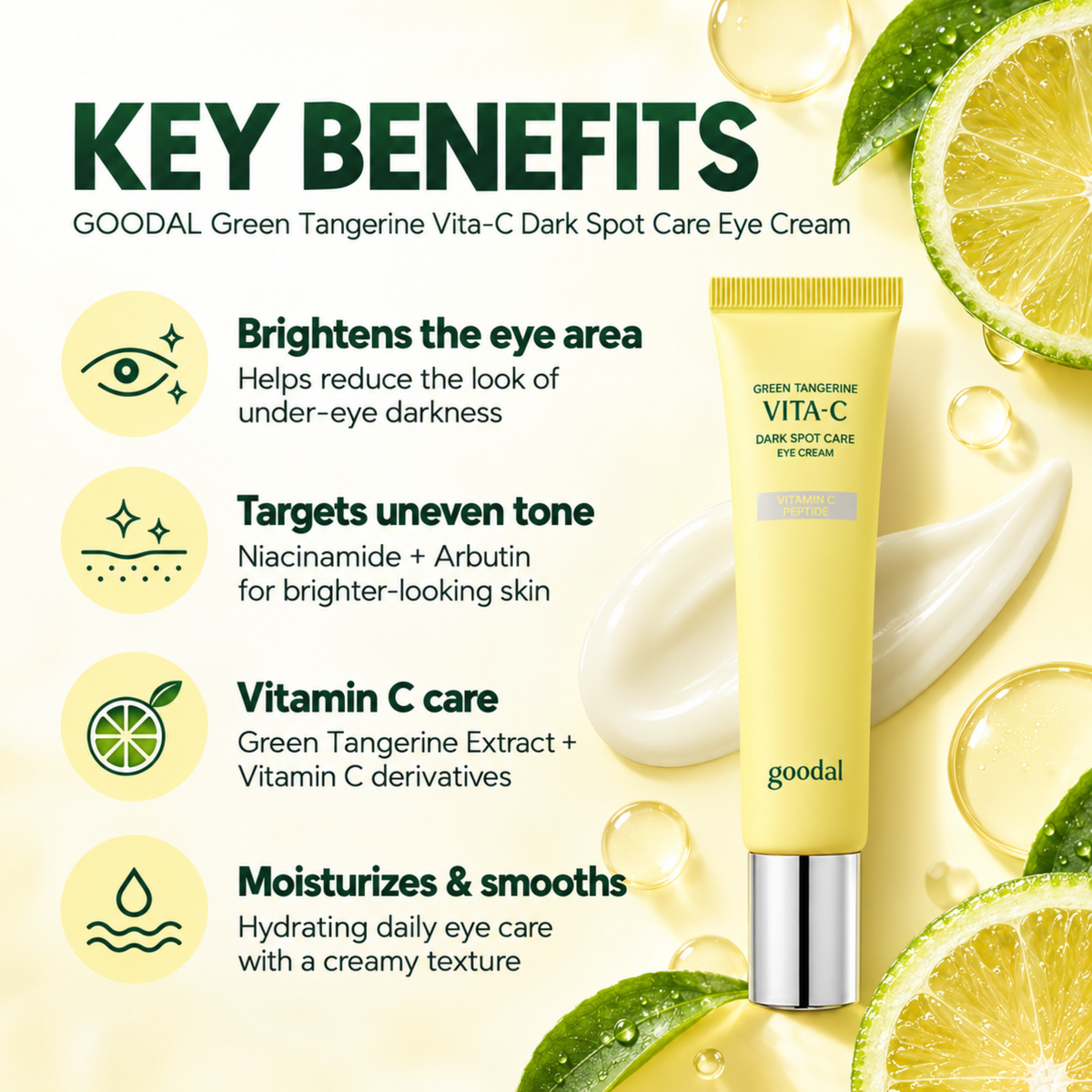 Goodal Green Tangerine Vita-C Dark Spot Care Eye Cream in a pale yellow squeeze tube with a silver cap, set against a light yellow background with lemon slices, water droplets, and key benefits text.