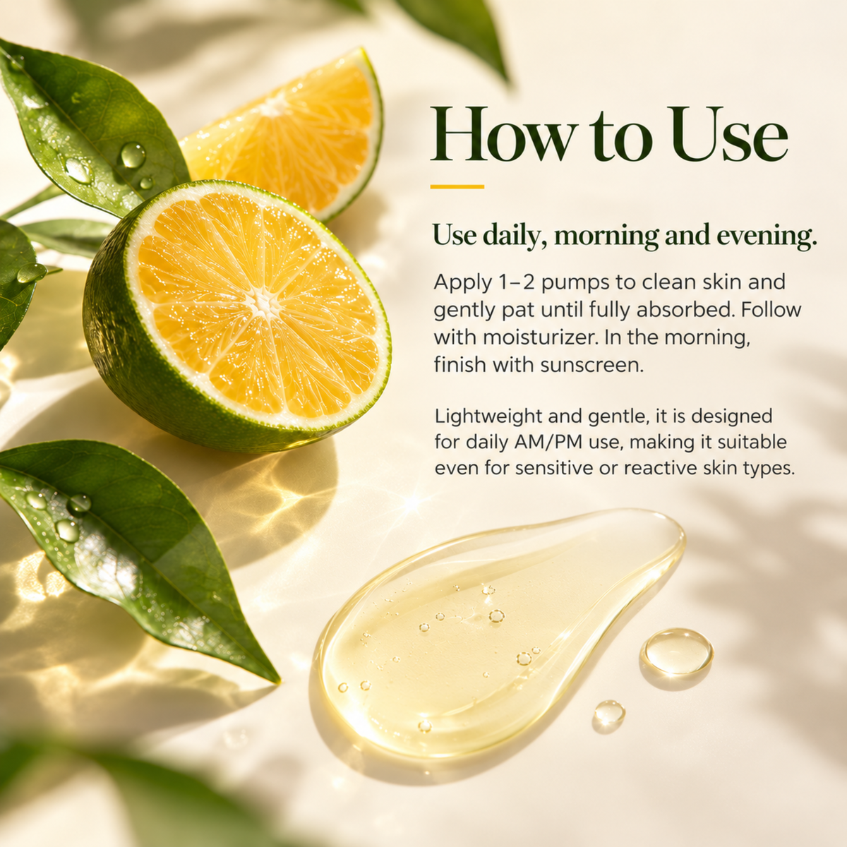 A skincare 'How to Use' graphic with text instructions, styled with fresh lime slices, green leaves, and a droplet of pale yellow serum on a warm cream background.