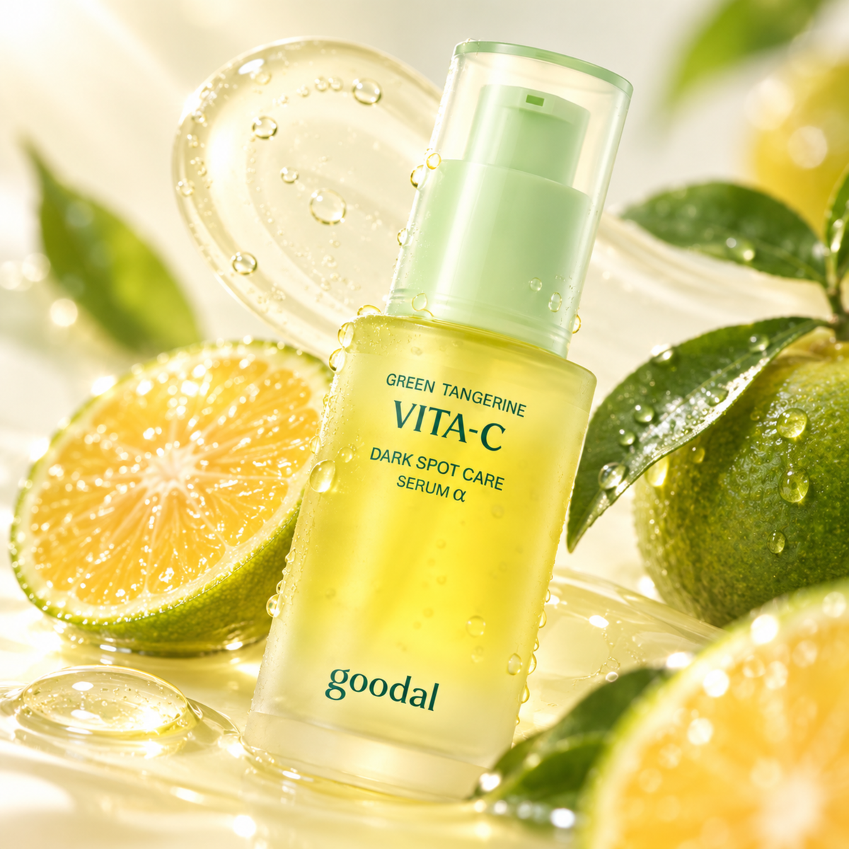 Goodal Green Tangerine Vita-C Dark Spot Care Serum in a frosted glass bottle with a mint green pump, surrounded by fresh green tangerine slices and leaves on a glossy white surface.