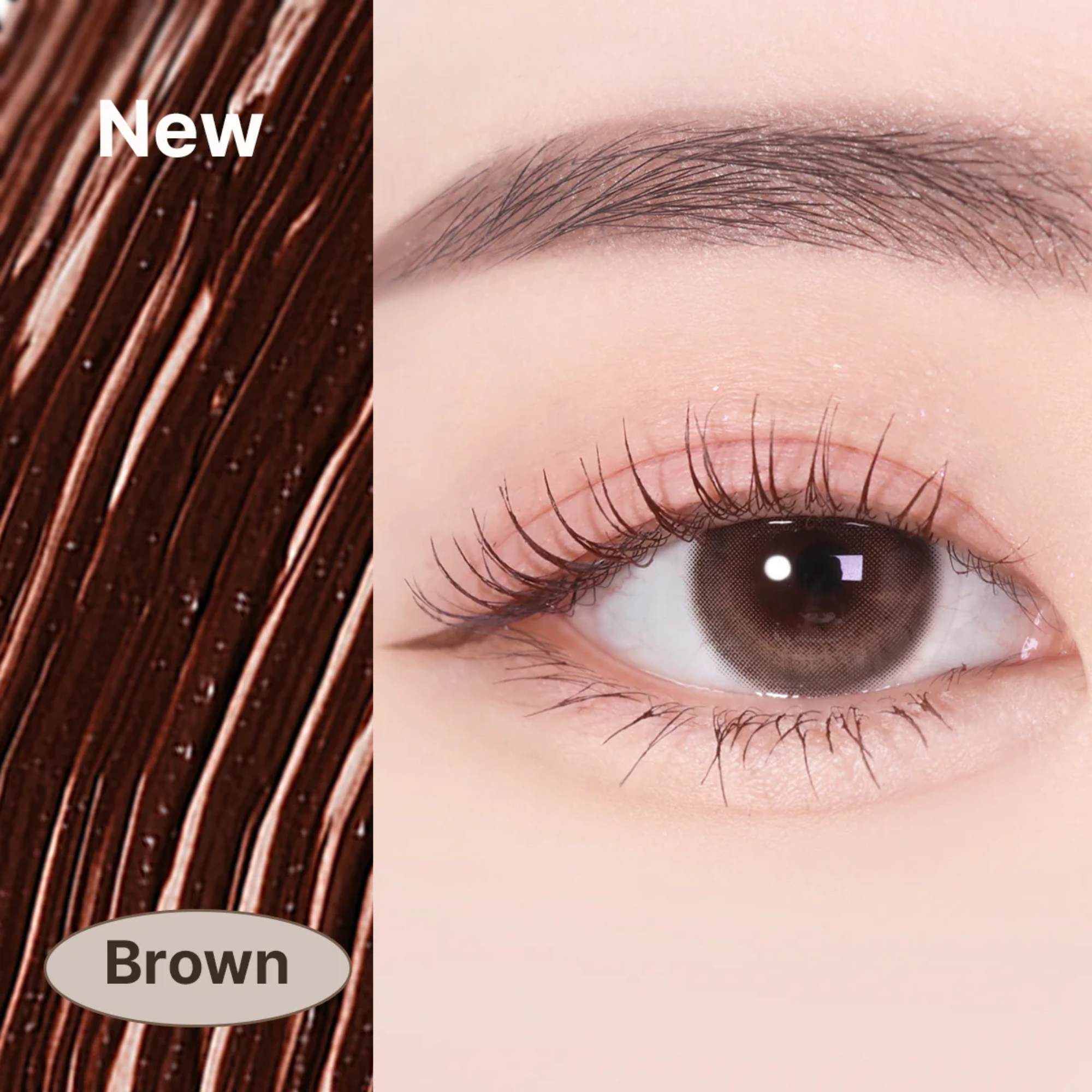 Close-up of brown hair and eye with 'New' and 'Brown' text labels.