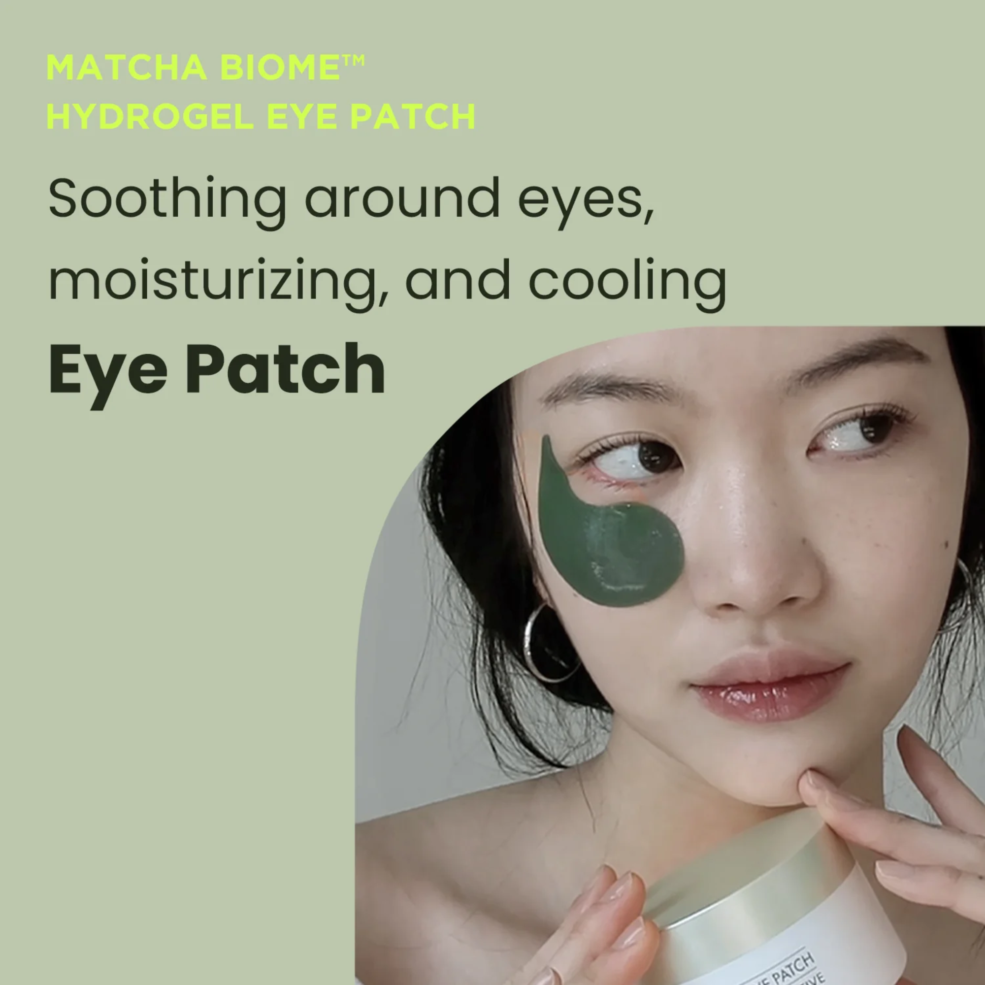 Matcha Biome hydrogel eye patch advertisement with a woman applying the patch.