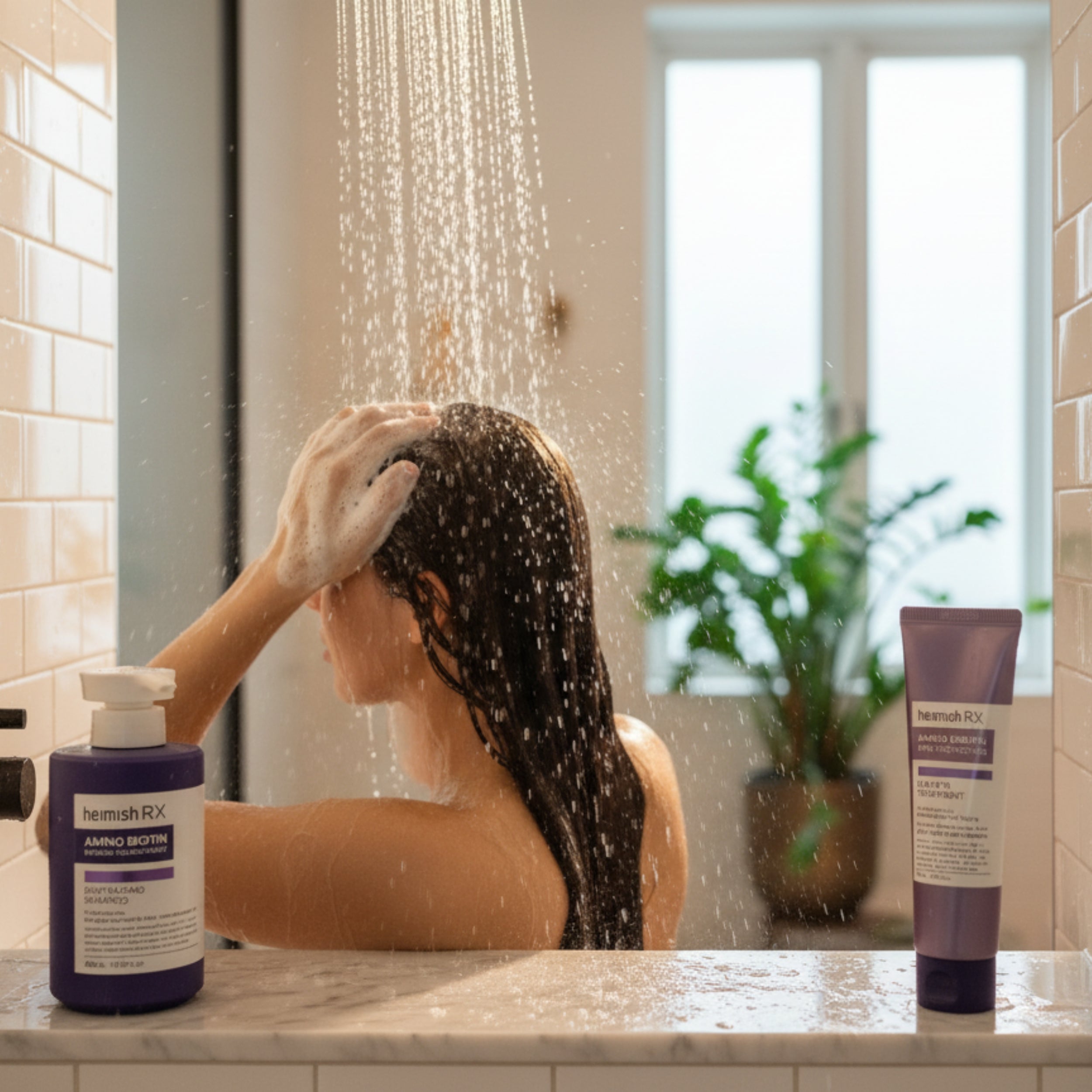 Person showering with Hemish RX shampoo and conditioner on a bathroom counter.