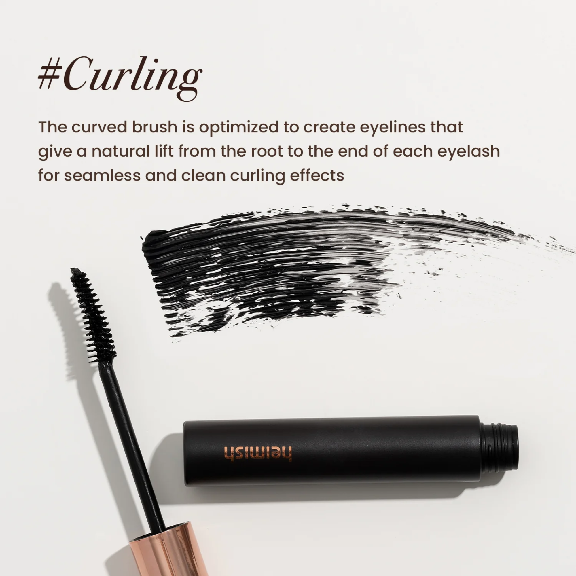 Mascara with a curved brush and text about curling effects on a light background
