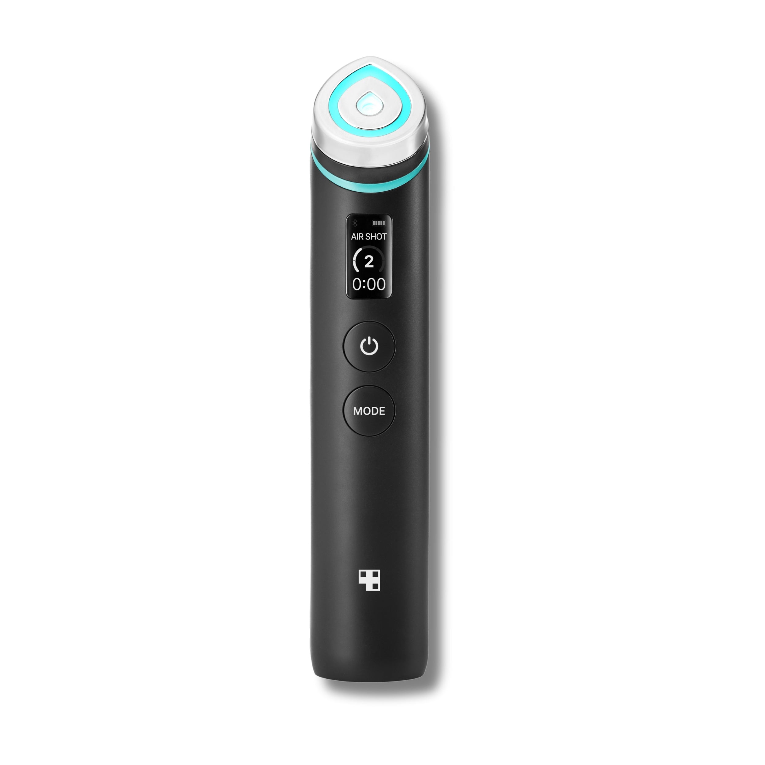 Black electronic device with digital display on a white background