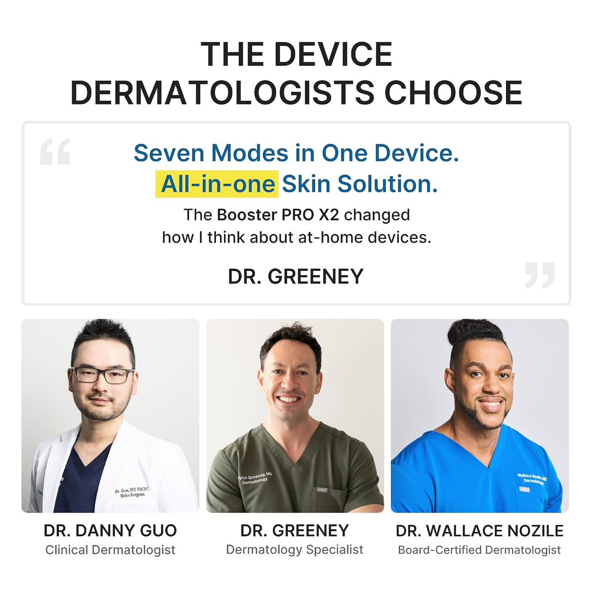 Promotional graphic for the Booster PRO X2 skin device, featuring text reading 'The Device Dermatologists Choose' and a doctor quote, with three dermatologist portraits and names at the bottom.